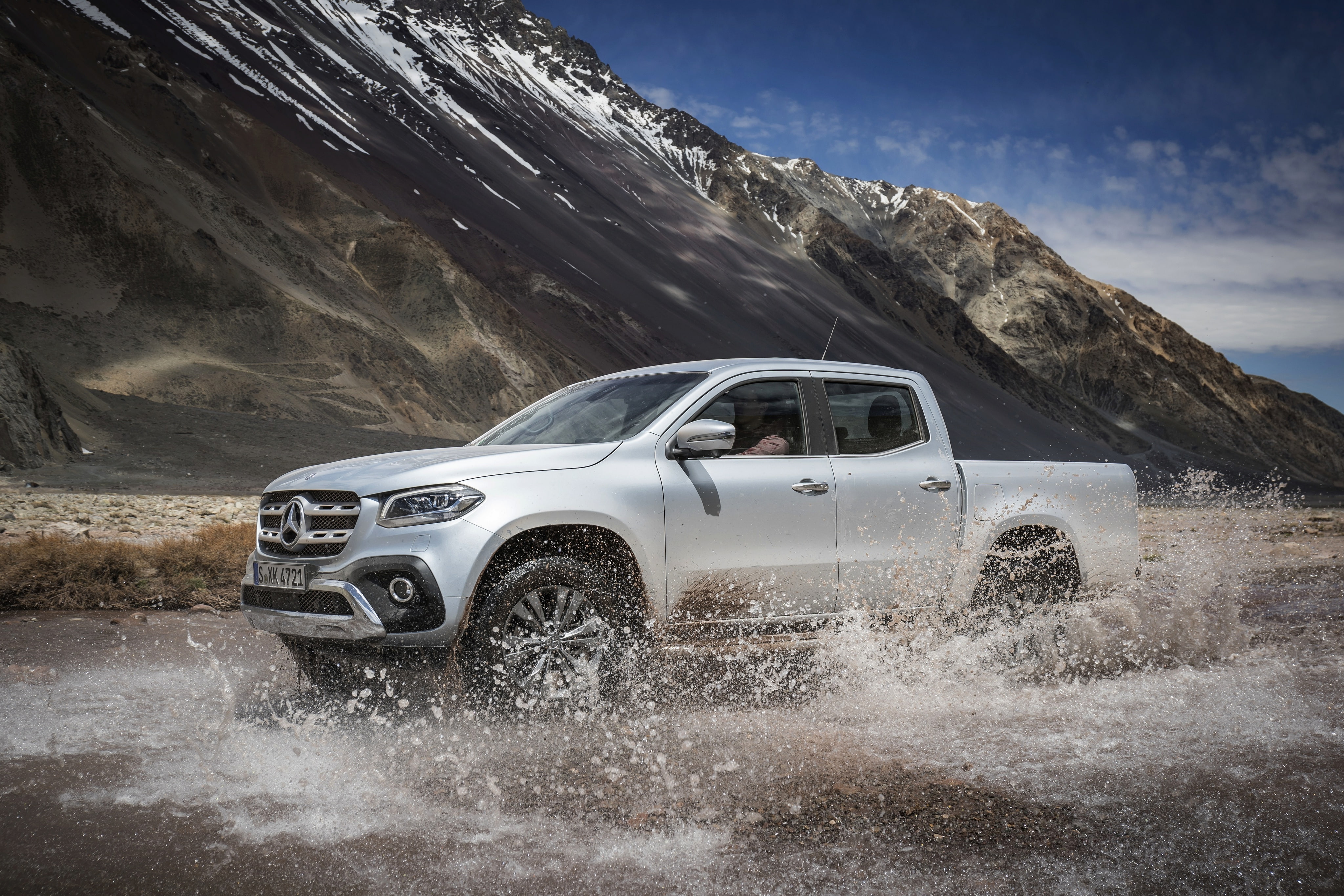 silver, squirt, 4K, Mercedes-Benz, mountains, X-Class, pickup, grey, 2017, water, HD Wallpaper