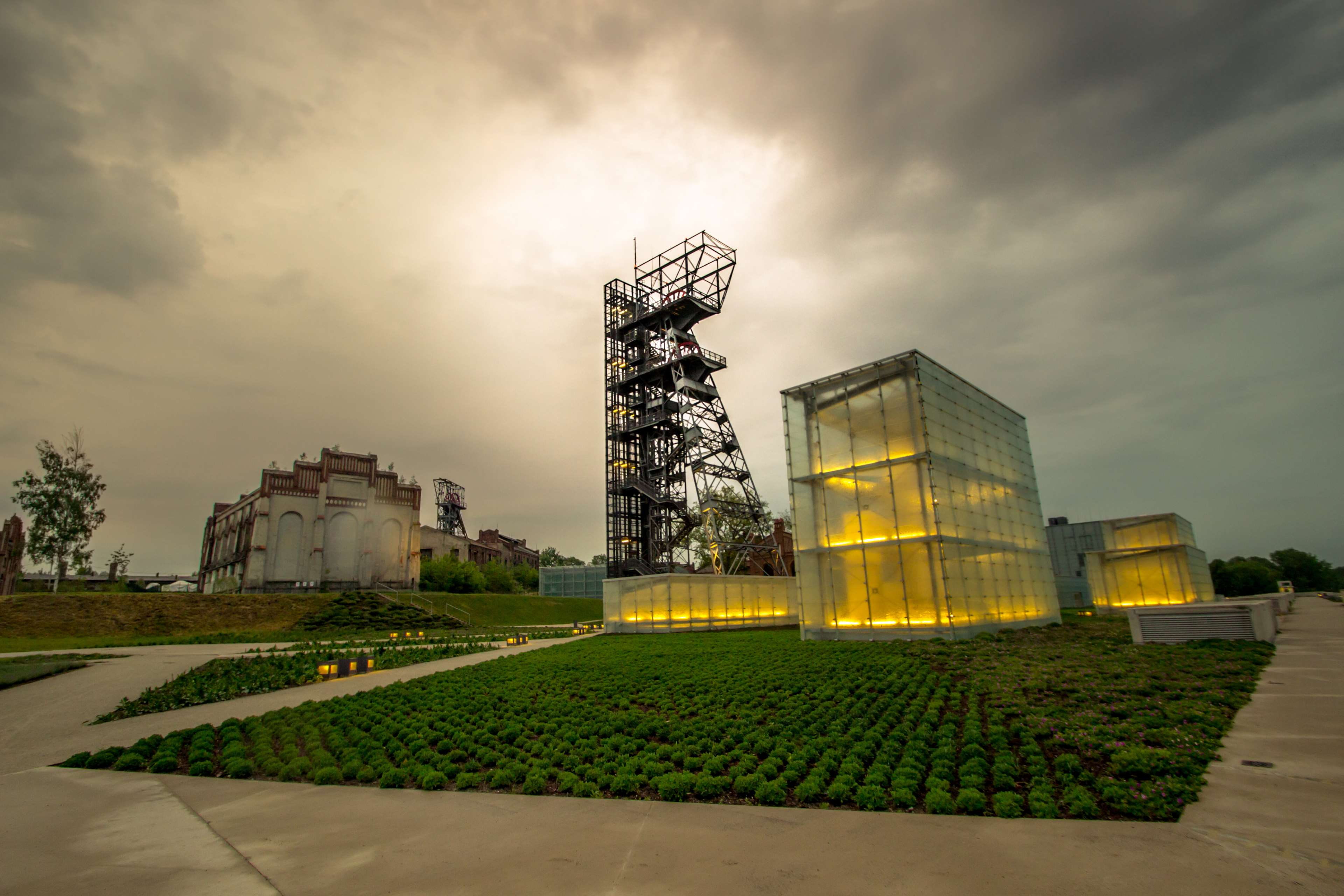 no people, museum, green color, sky, 4K, plant, building exterior, factory, nature, cloud - sky, silesia, pollution, footpath, outdoors, grass, katowice, HD Wallpaper