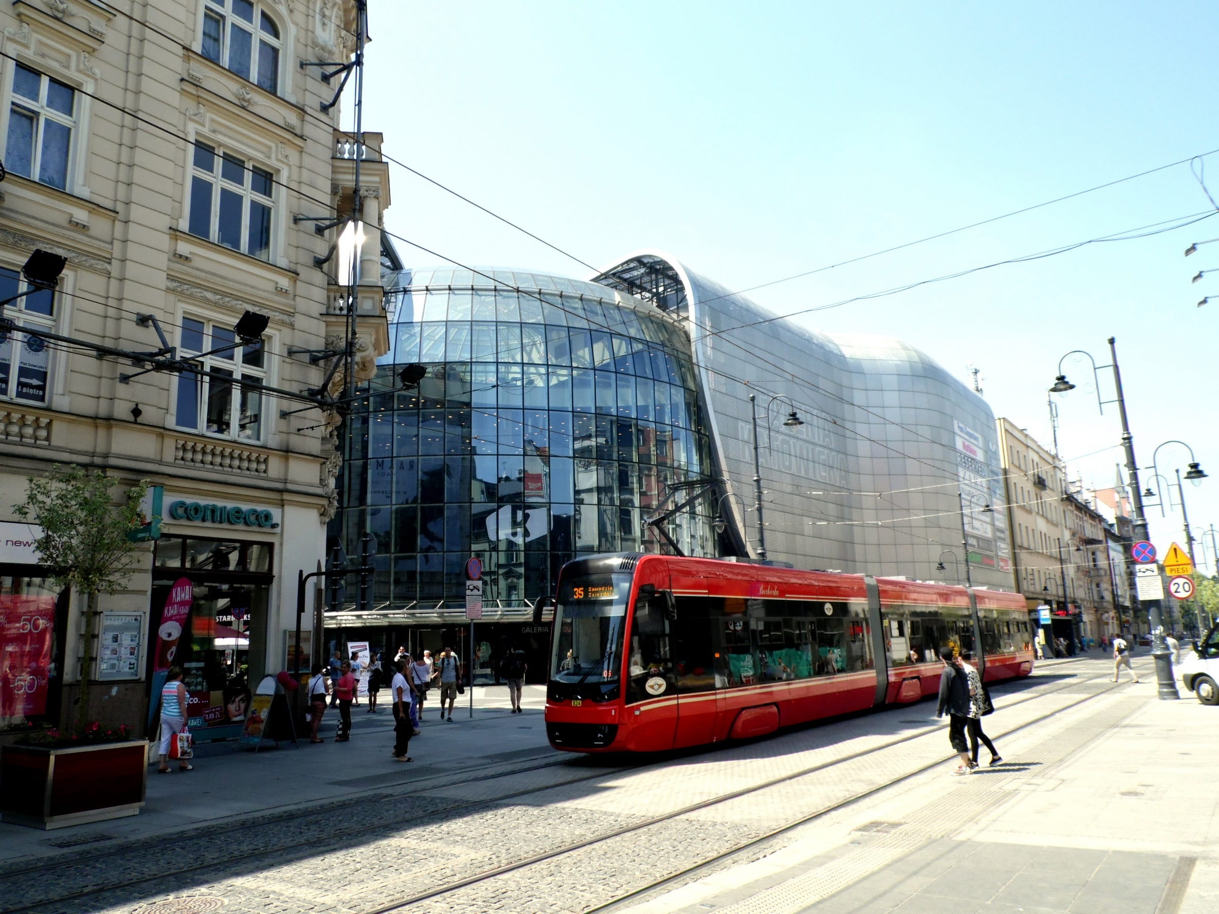 sunlight, group of people, transportation, sky, built structure, city life, cable car, office building exterior, day, poland, outdoors, public transportation, HD Wallpaper
