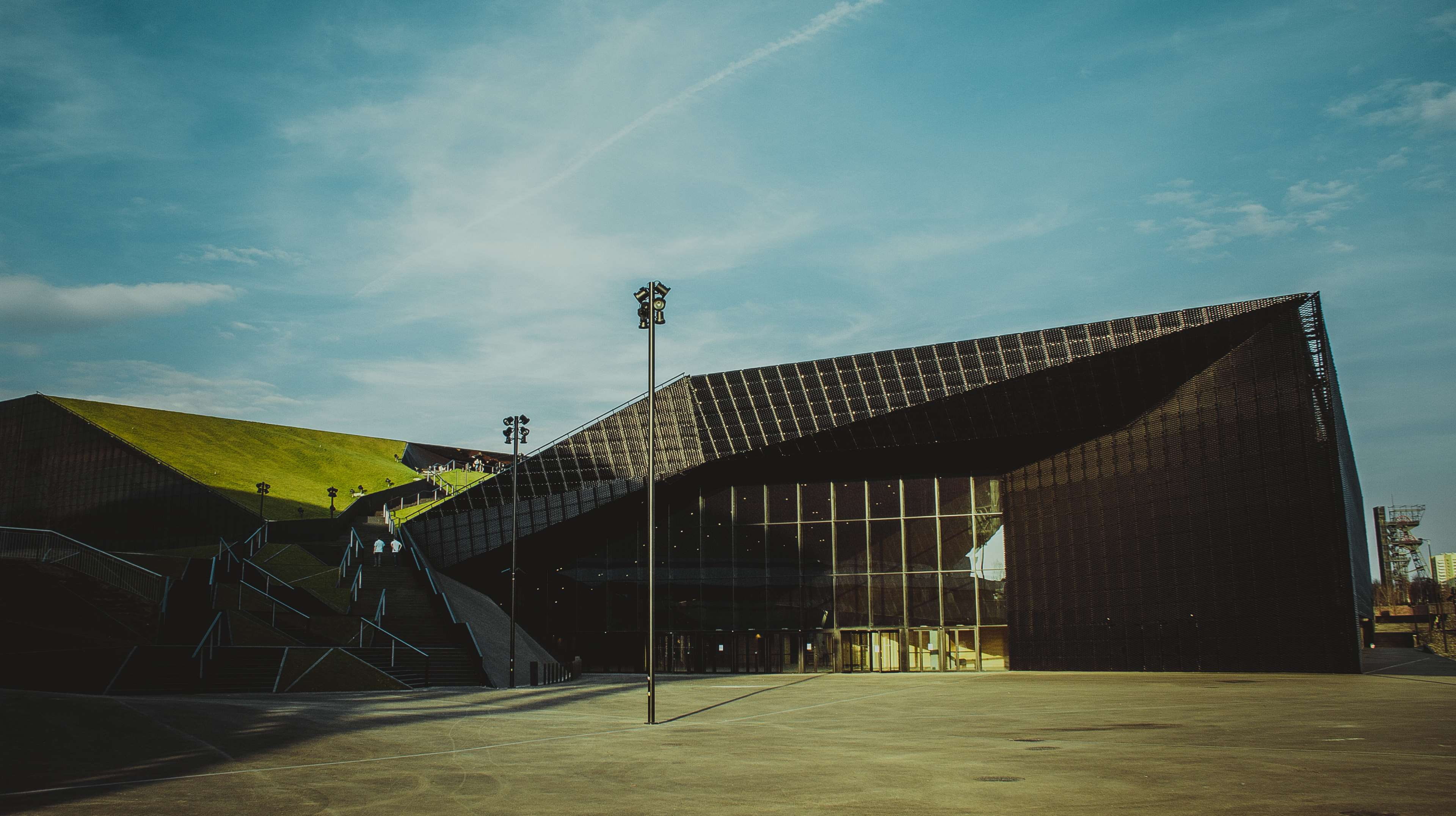 lighting equipment, congress, katowice, architecture, nature, outdoors, street light, building, 4K, low angle view, sunlight, city, building exterior, HD Wallpaper
