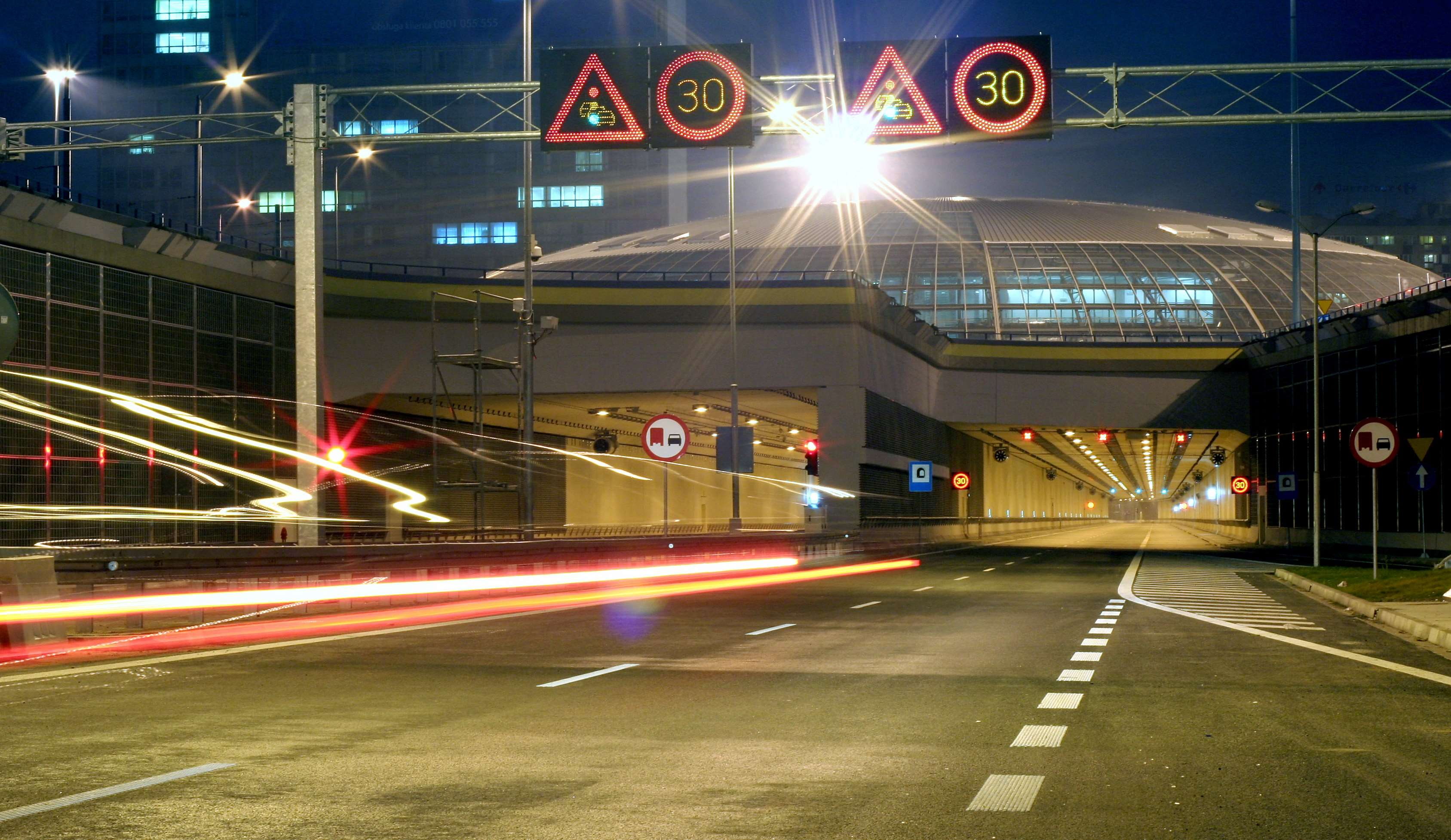 road, lens flare, street, building exterior, architecture, blurred motion, tunnel, katowice, city, built structure, road marking, light trail, long exposure, HD Wallpaper
