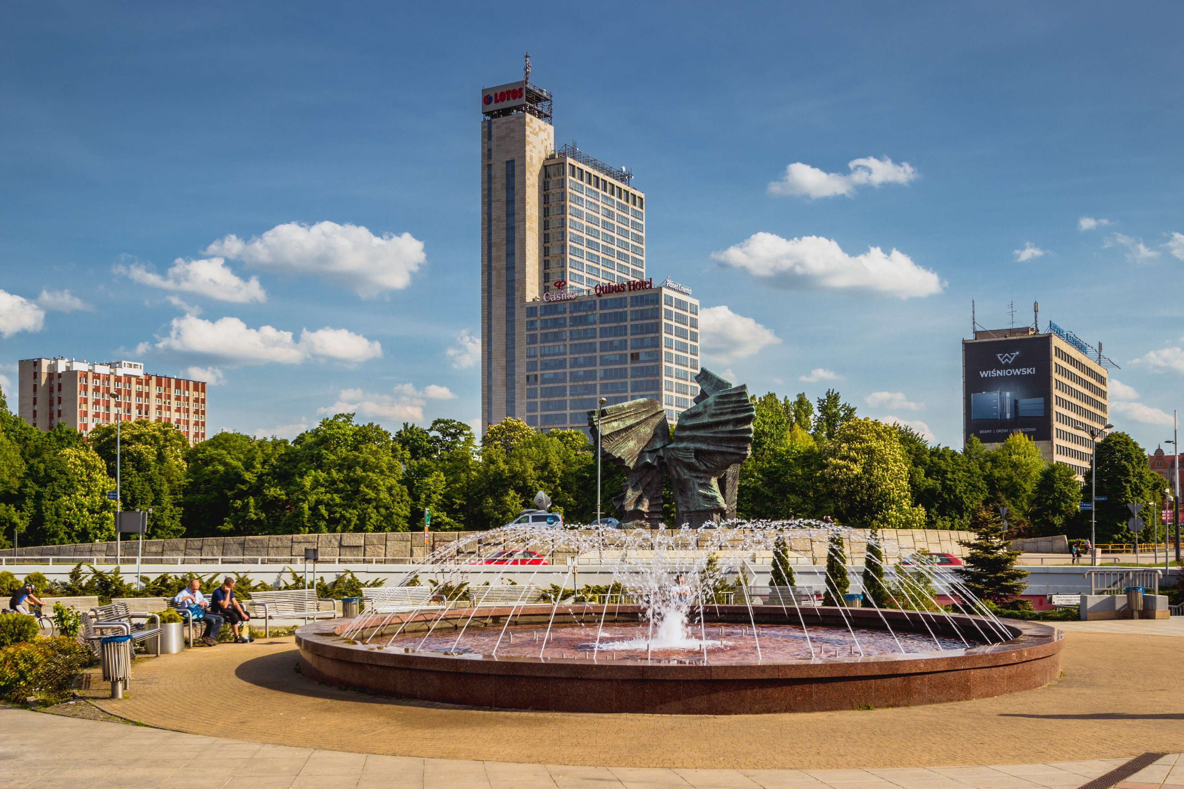 4K, park, water, incidental people, tree, cloud - sky, office building exterior, monument, city, nature, day, built structure, building, plant, silesia, HD Wallpaper