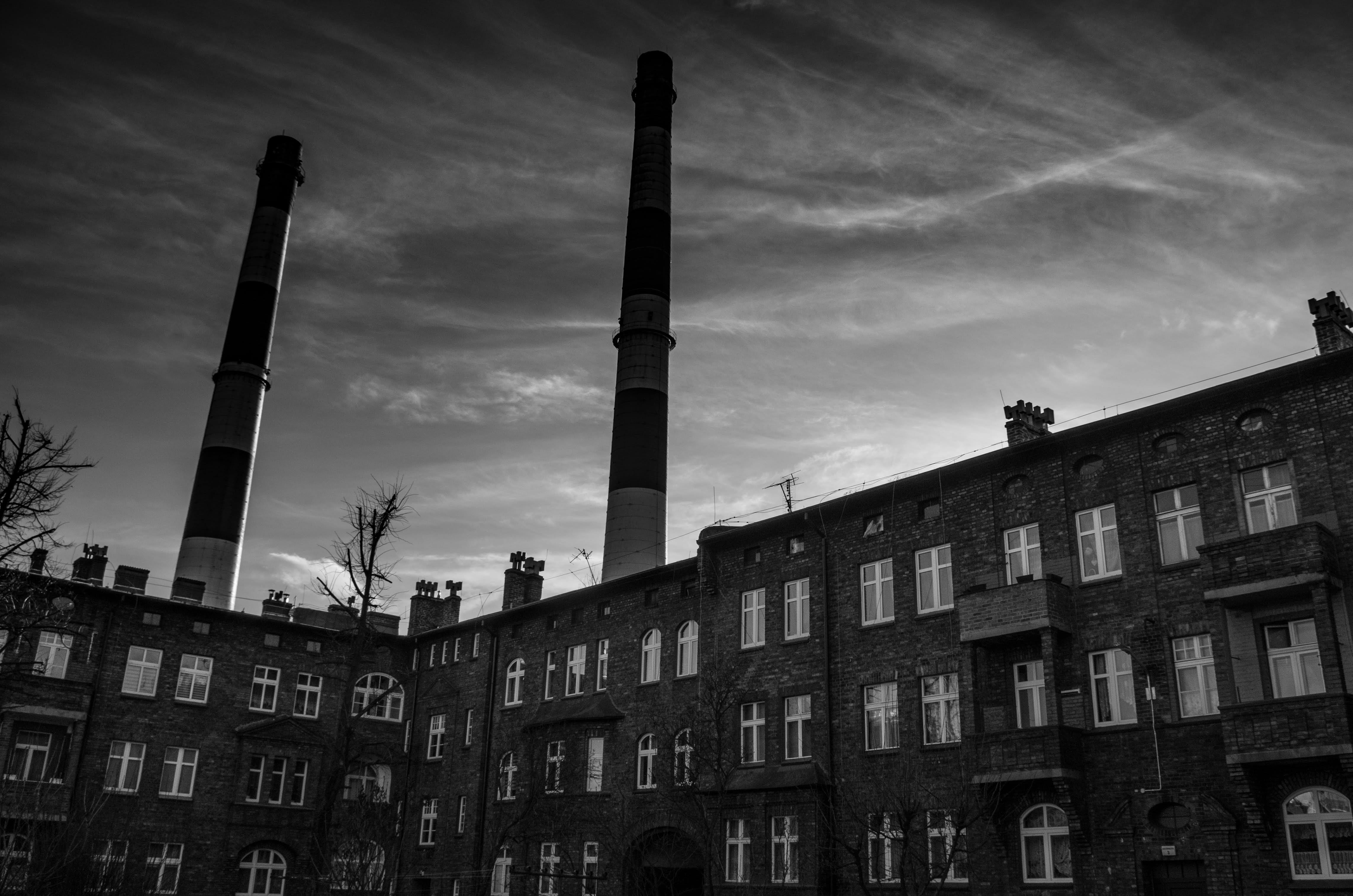factory, outdoors, technology, history, katowice, day, residential district, building, industry, 4K, chimneys, sky, built structure, nature, city, smoke stack, HD Wallpaper