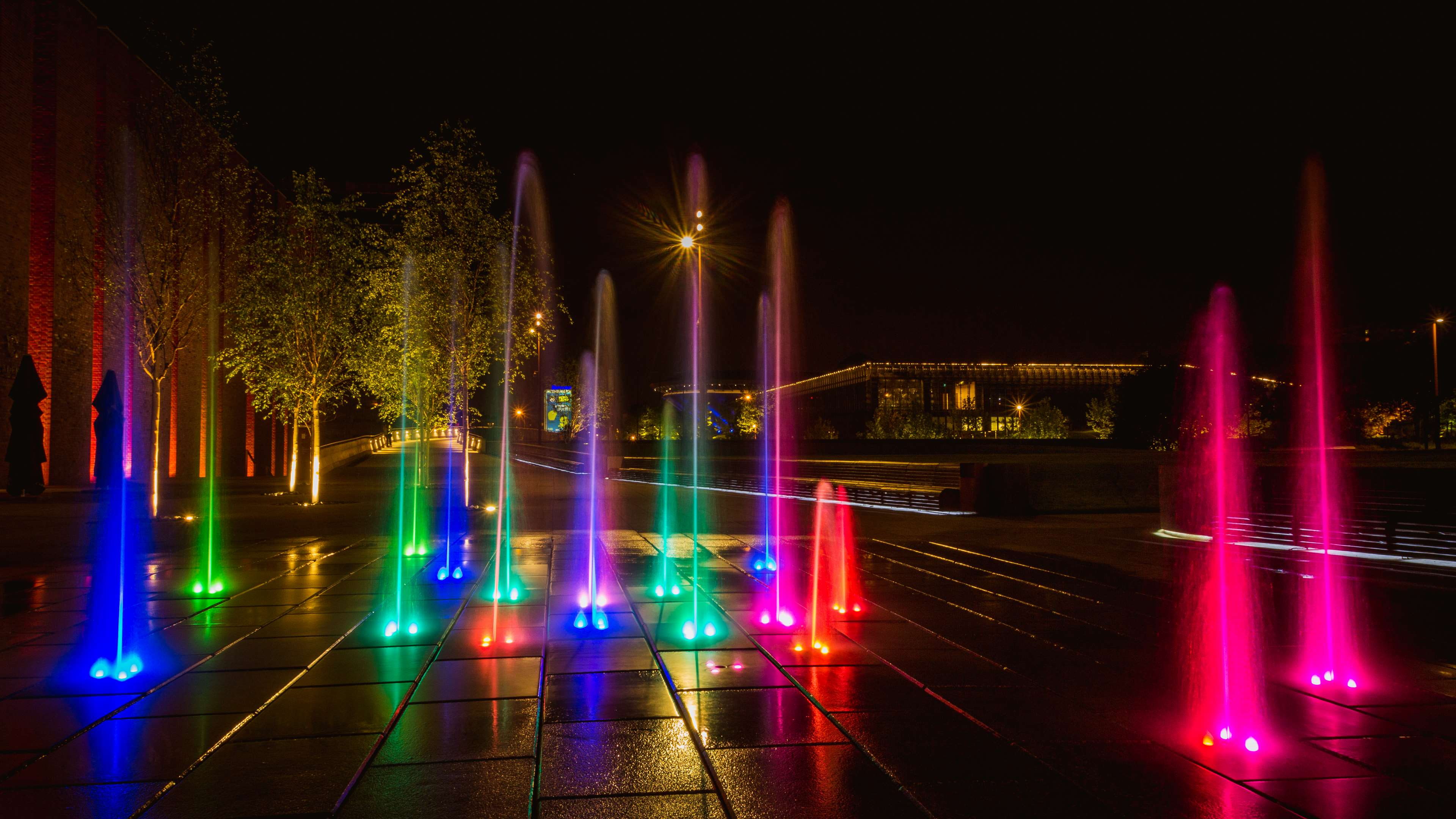 long exposure, fountain, katowice, water, night, abstract, glowing, connection, multi colored, theme reflections, 4K, outdoors, street, architectural column, HD Wallpaper