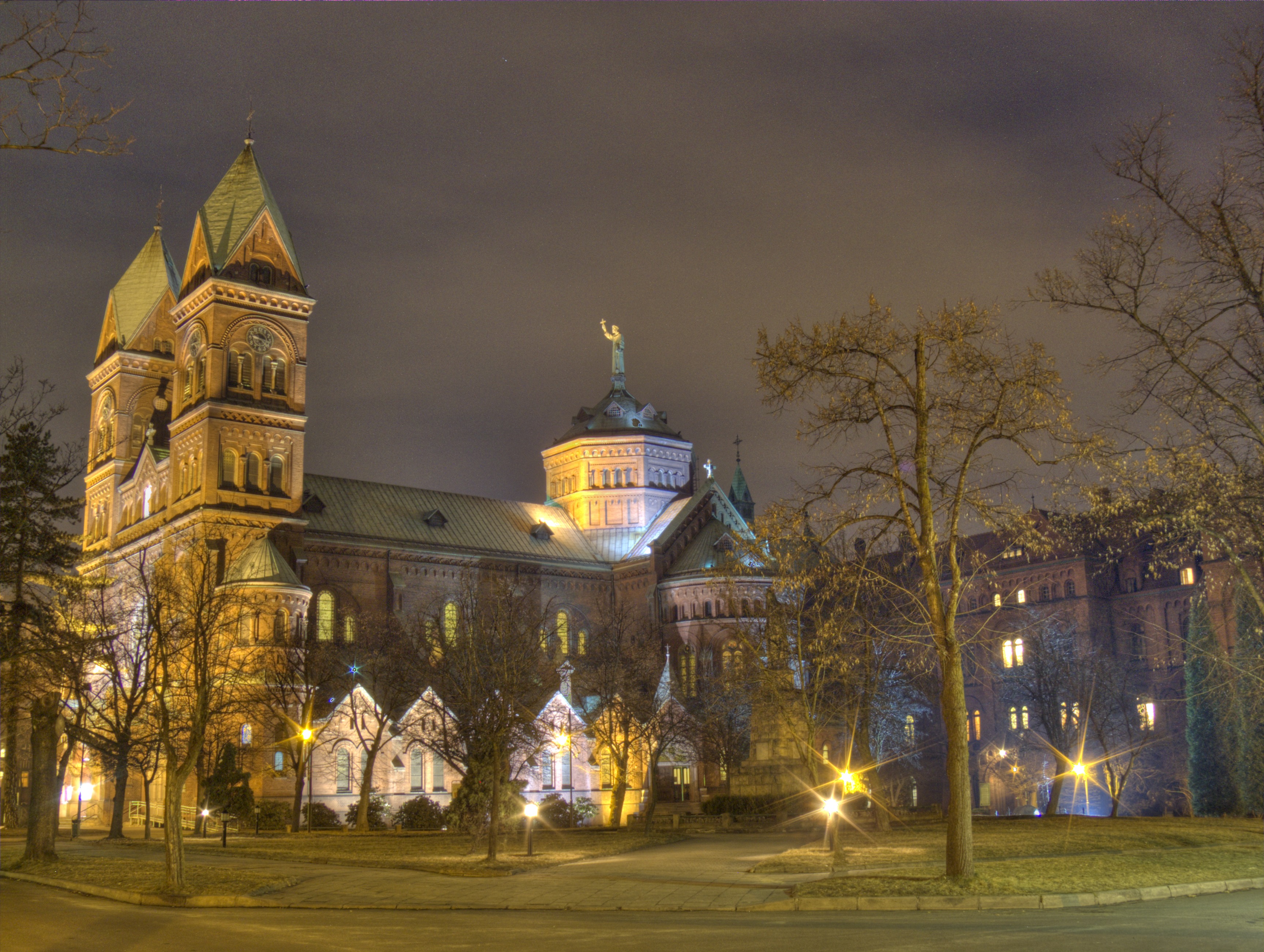 plant, katowice, religion, street, the basilica, belief, tree, city, 2K, illuminated, spirituality, church, travel destinations, poland, no people, architecture, HD Wallpaper