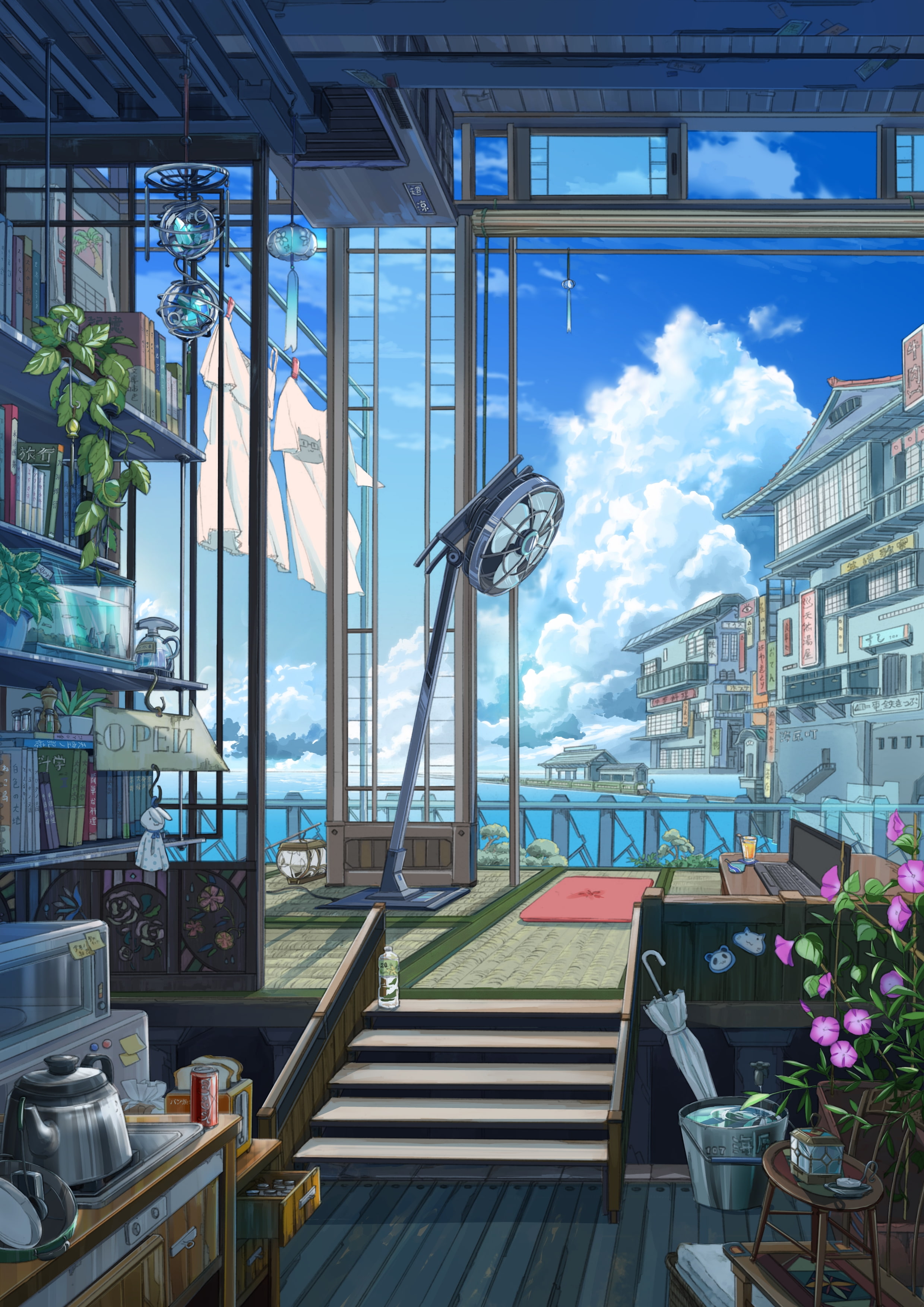 anime landscape, transparent, outdoors, business, no people, window, architecture, modern, seat, nature, Anime, glass - material, plant, sky, building exterior, Phone HD Wallpaper