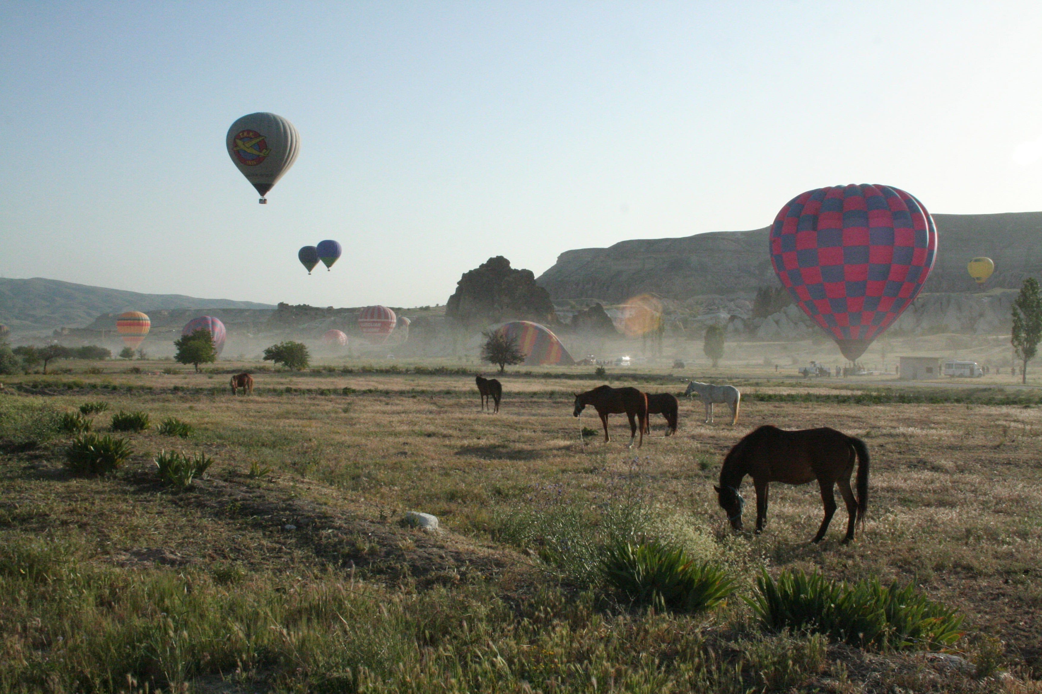 mountain, clouds, hot air balloon, environment, stone, naturale, animal, land, horses, landscape, summer, outdoors, cappadocia, sky, ballooning, cloudy, HD Wallpaper