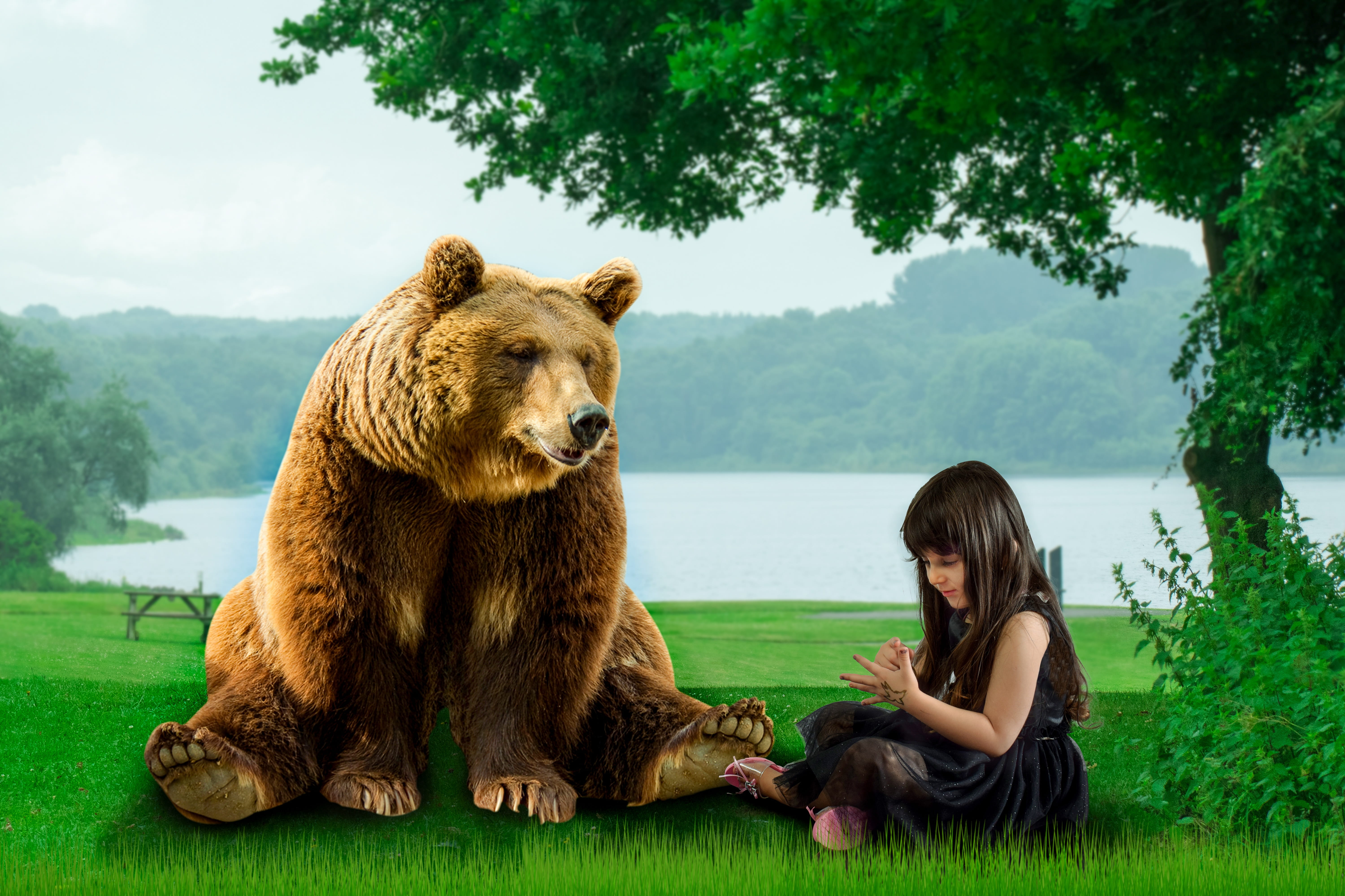 sitting, playing, vertebrate, relaxation, paw, leisure activity, female, child, animal, green color, park, little, real people, grass, bear, human, nature, HD Wallpaper