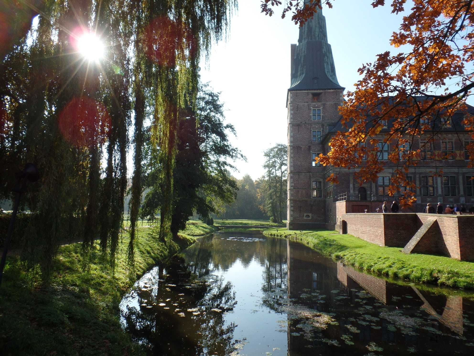 no people, moat, sky, autumn sun, growth, reflection, münsterland, nature, sunlight, tree, waterfront, roma table, religion, plant, 1080P, sun, raesfeld, HD Wallpaper