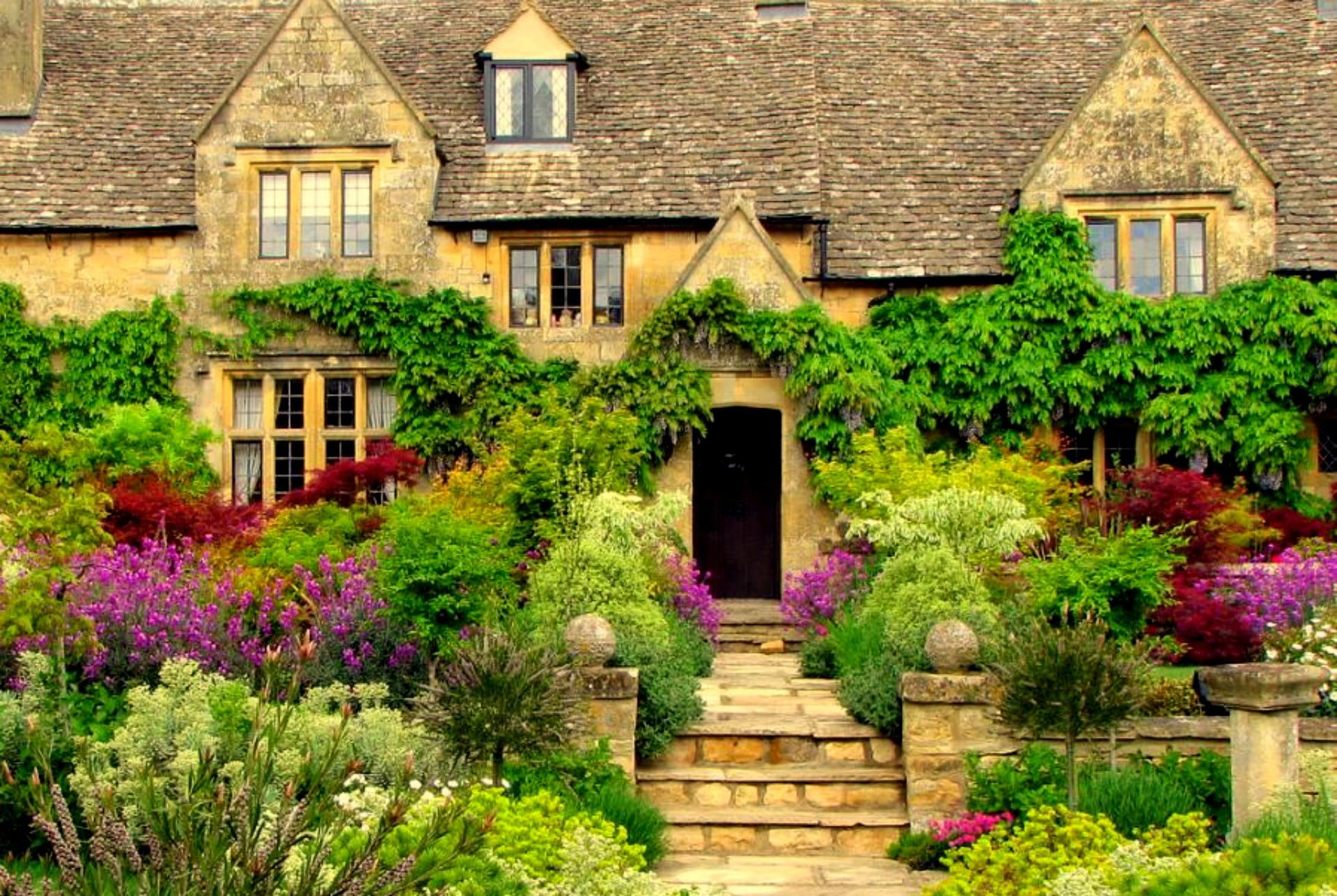 brick house, flowers, animals, 1080P, bushes, house, garden, england, trees, manor, english, HD Wallpaper