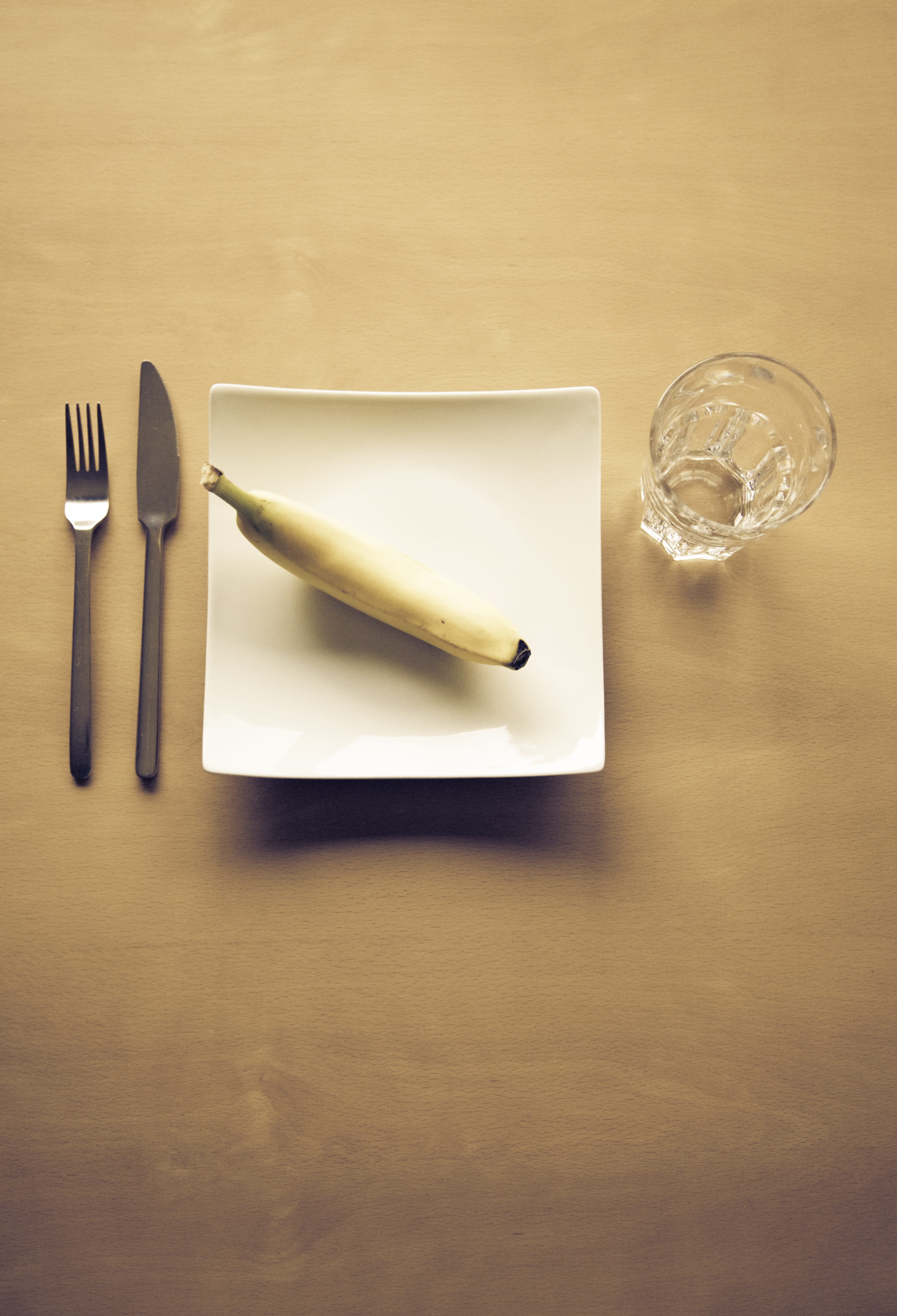 indoors, high angle view, white, glass, wood - material, kitchen utensil, banana, 4K, yellow, metal, square, group of objects, eating utensil, still life, Phone HD Wallpaper