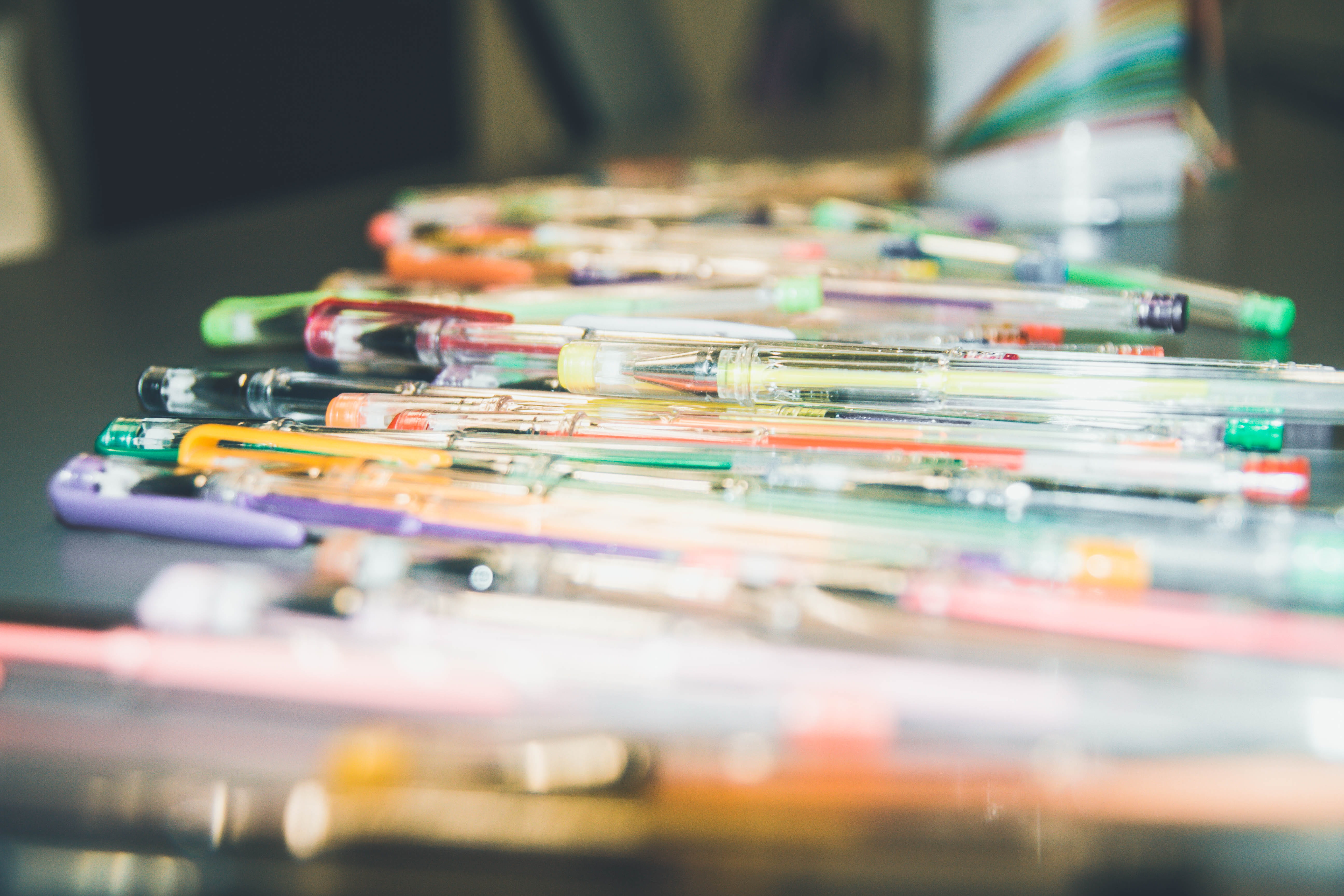 no people, pen, abundance, 5K, table, gel pen, glass - material, color, selective focus, writing utensil, macro, choice, still life, ink pen, education, HD Wallpaper