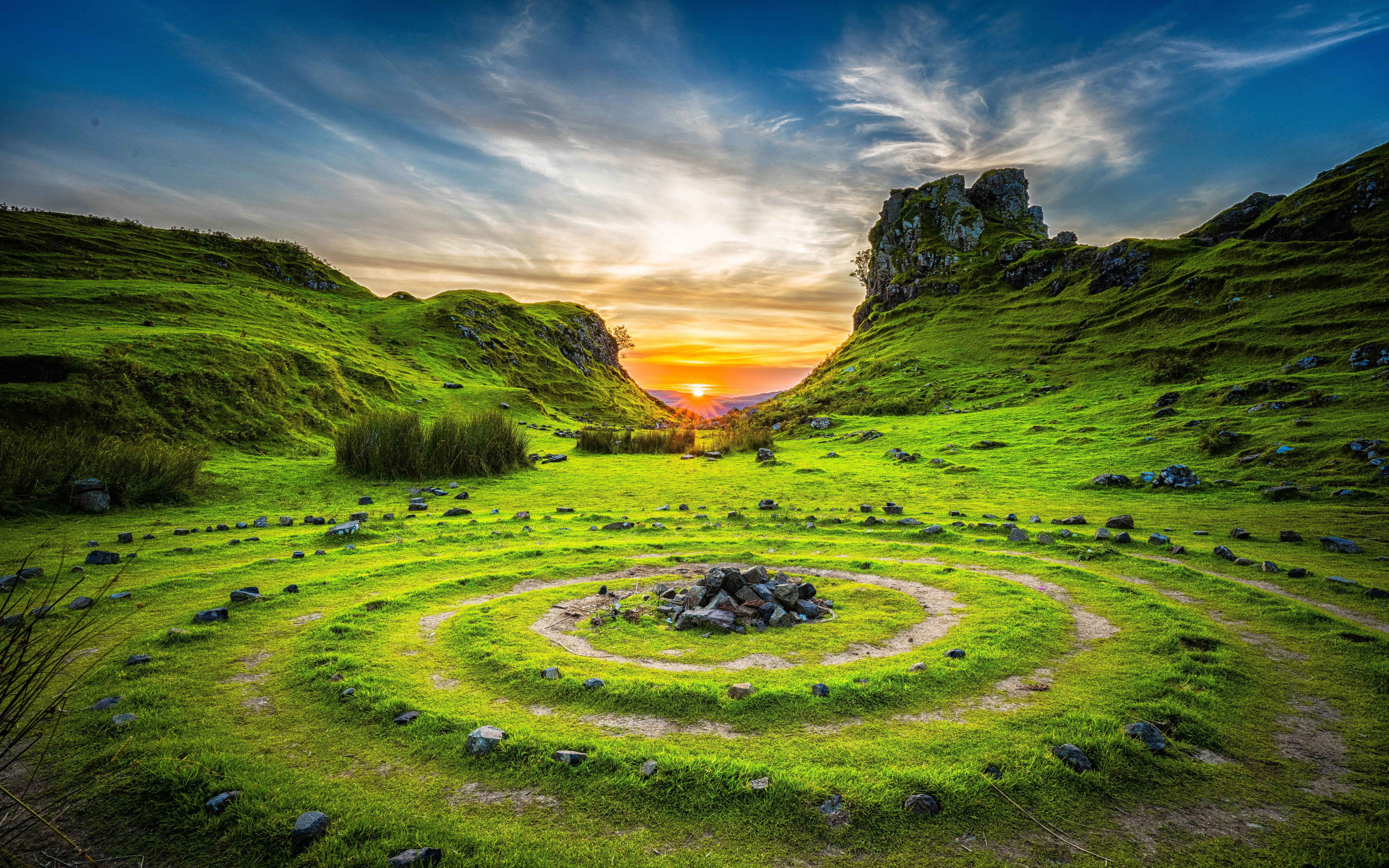 scenics - nature, past, beauty in nature, testimony, grass, green color, k, land, hd, desktop, no people, sunset, mountain, cloud - sky, nature, flowing water, HD Wallpaper