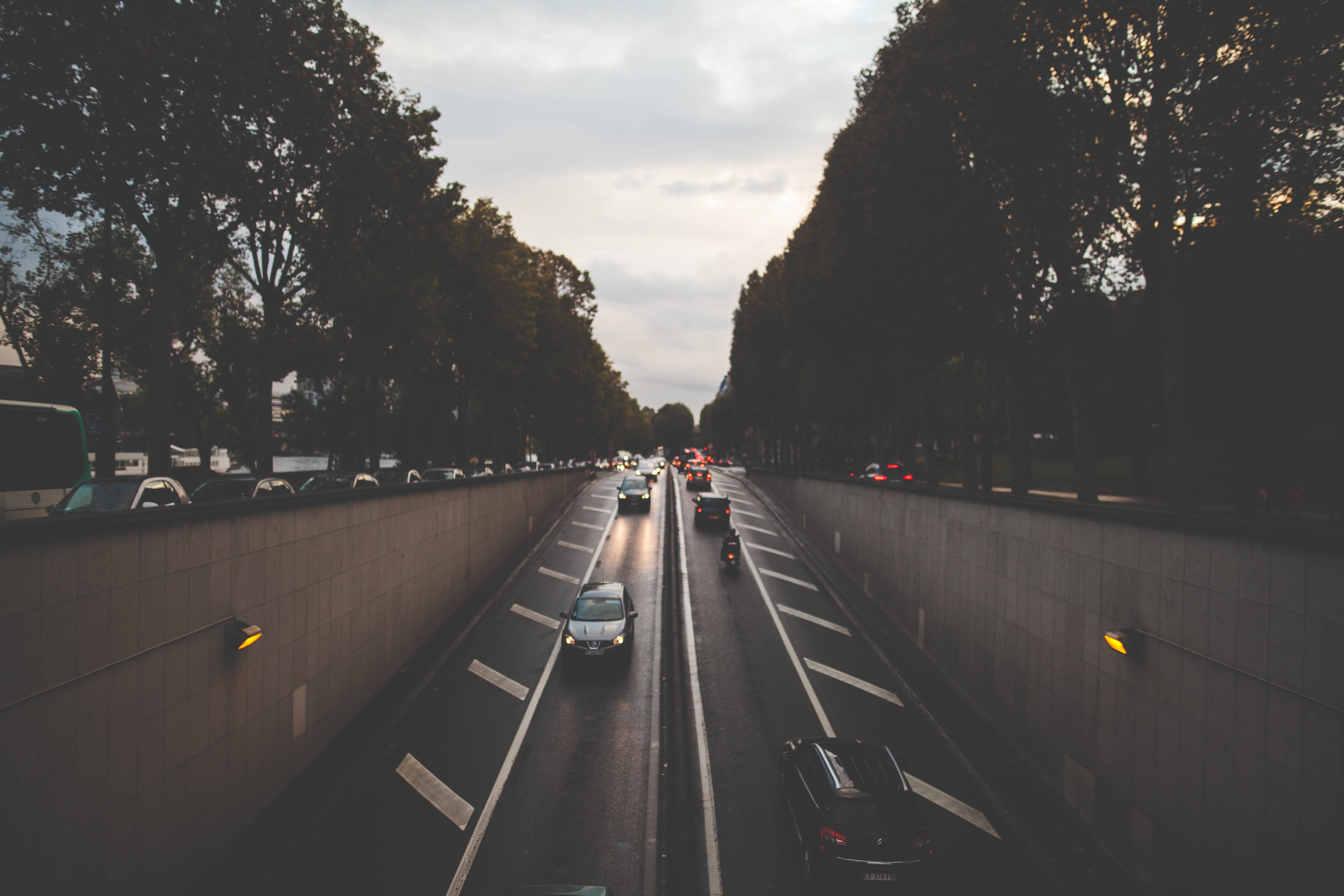 illuminated, tunnel, street, tree, no people, trees, mode of transportation, 5K, architecture, symbol, plant, dividing line, underground, sunset, lights, HD Wallpaper
