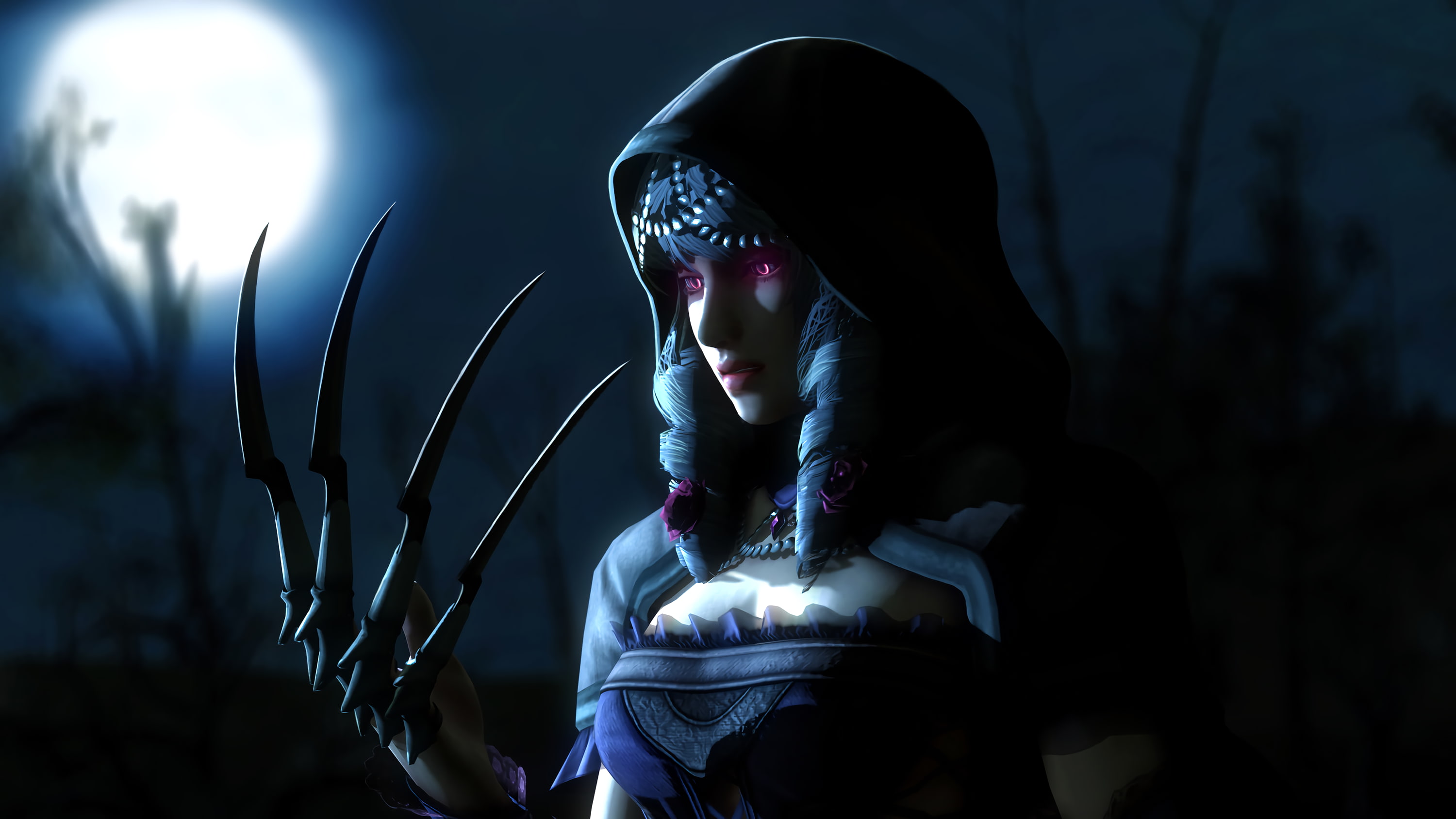 portrait, moon, light - natural phenomenon, waist up, graphics, glowing, hood, light, illuminated, girls, dark, night, widescreen, games, clothing, holding, HD Wallpaper