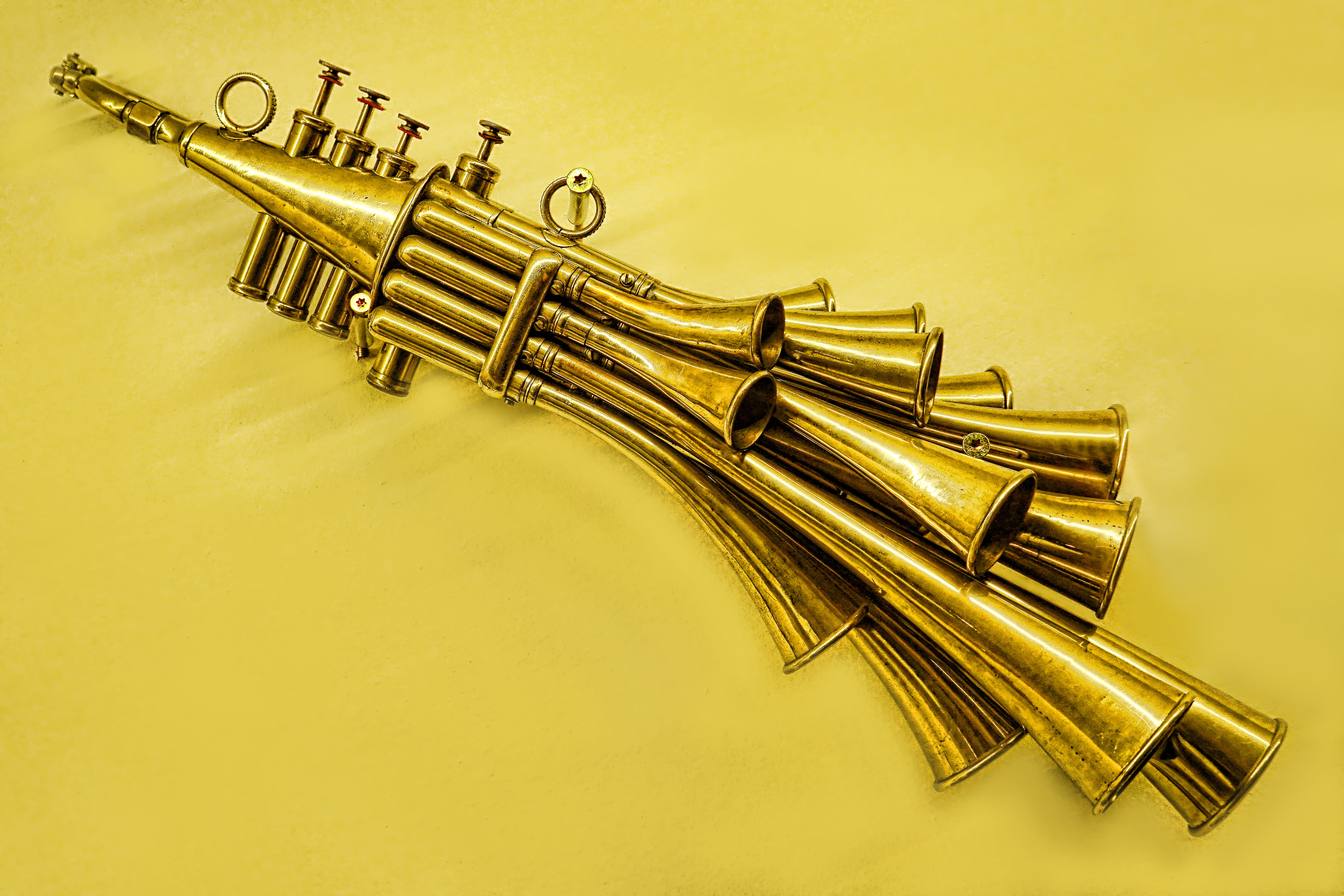 musical instrument, brass instrument, trumpet, metal, close-up, brass, yellow, unusual, colored background, subject, instrument, single object, indoors, HD Wallpaper