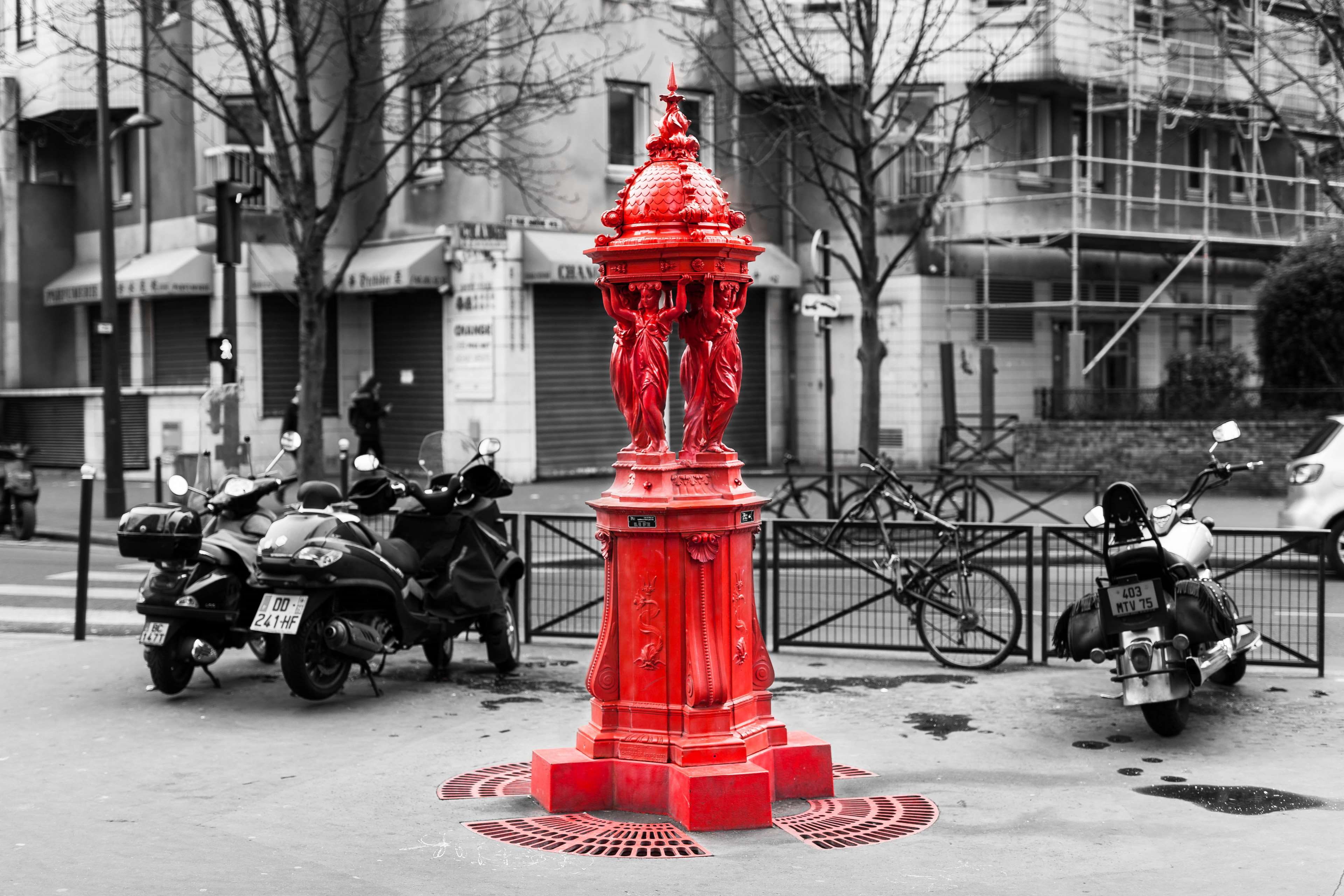 city life, footpath, isolated color, sore, nature, bare tree, asian, red, building exterior, paris, architecture, transportation, land vehicle, paint, 13, HD Wallpaper