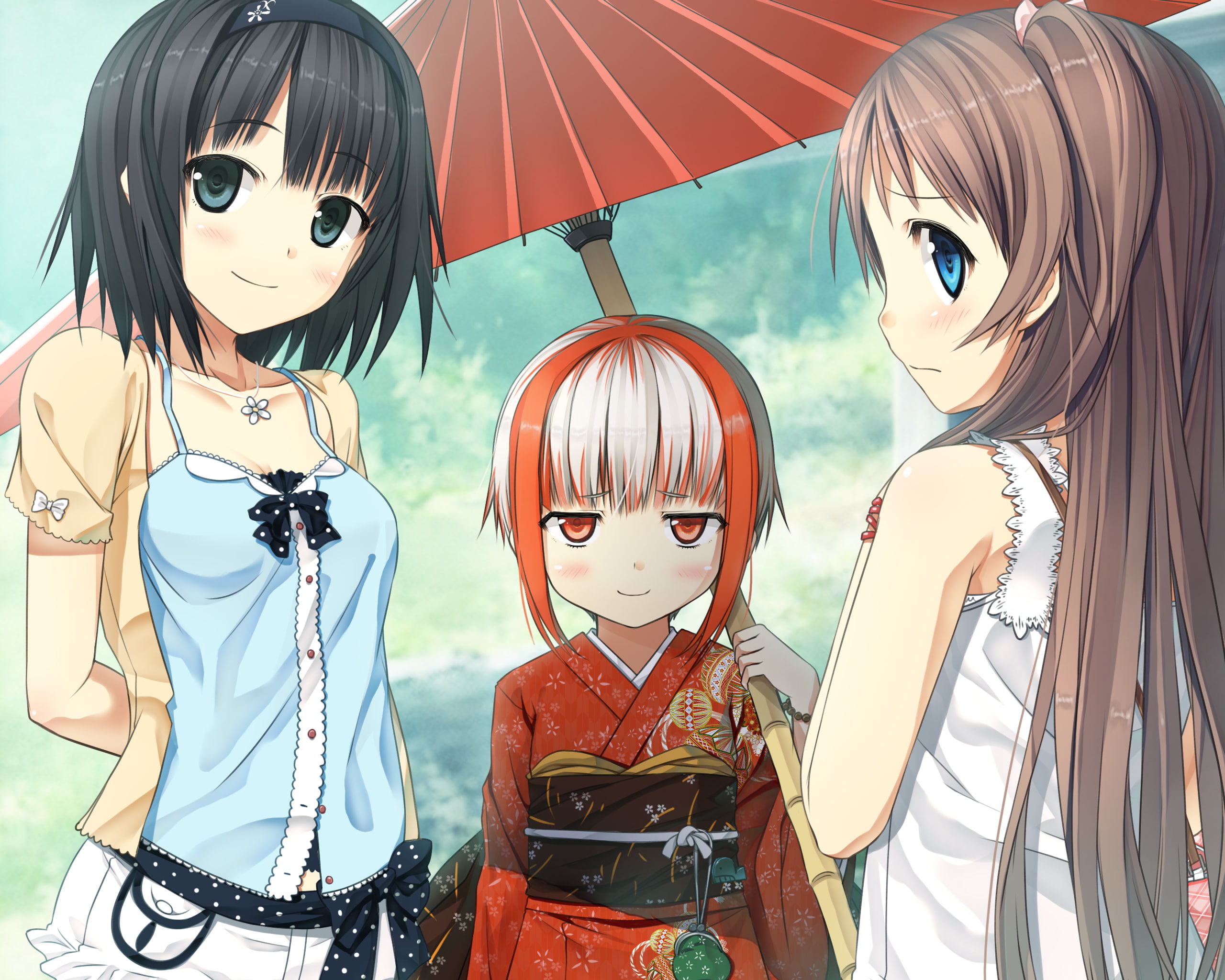 sumi, japanese, girls, umbrella, alishima, monobeno, headband, alice, 2K, sawai, game, natsuha, cura, blush, clothes, HD Wallpaper
