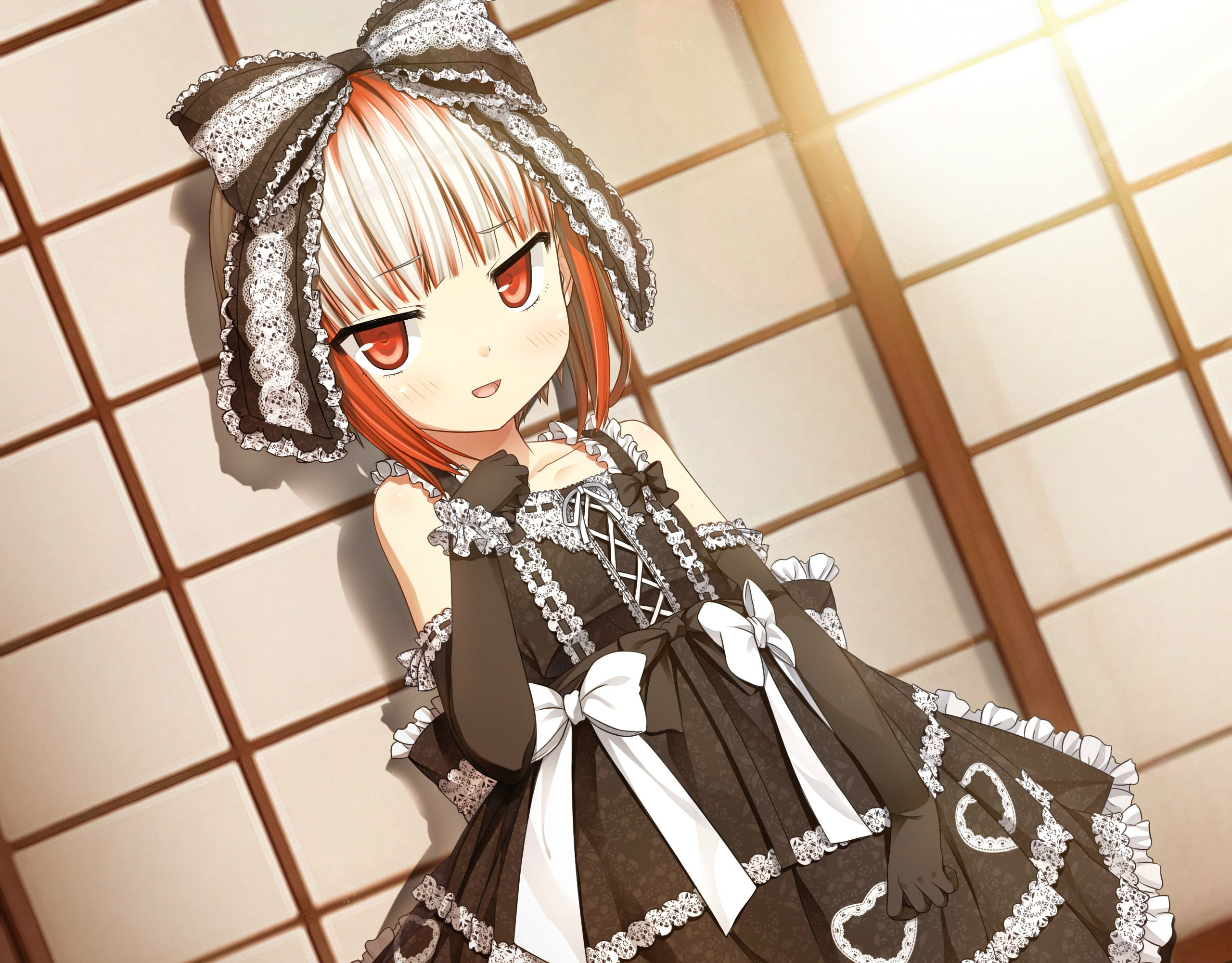 Ruski, lace, black dress, sumi, monobeno, visual novel, bows, Lolly, bangs, bow, gloves, cura, art, 2K, HD Wallpaper