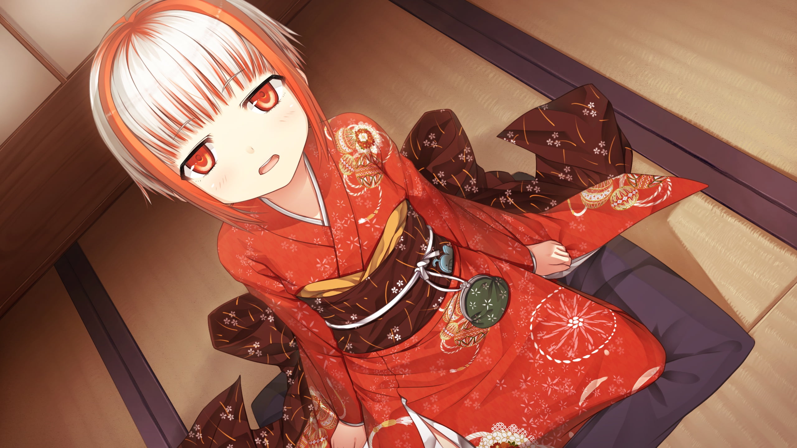 art, sumi, 2K, smile, visual novel, tatami, cura, monobeno, girl, looking up, kimono, HD Wallpaper