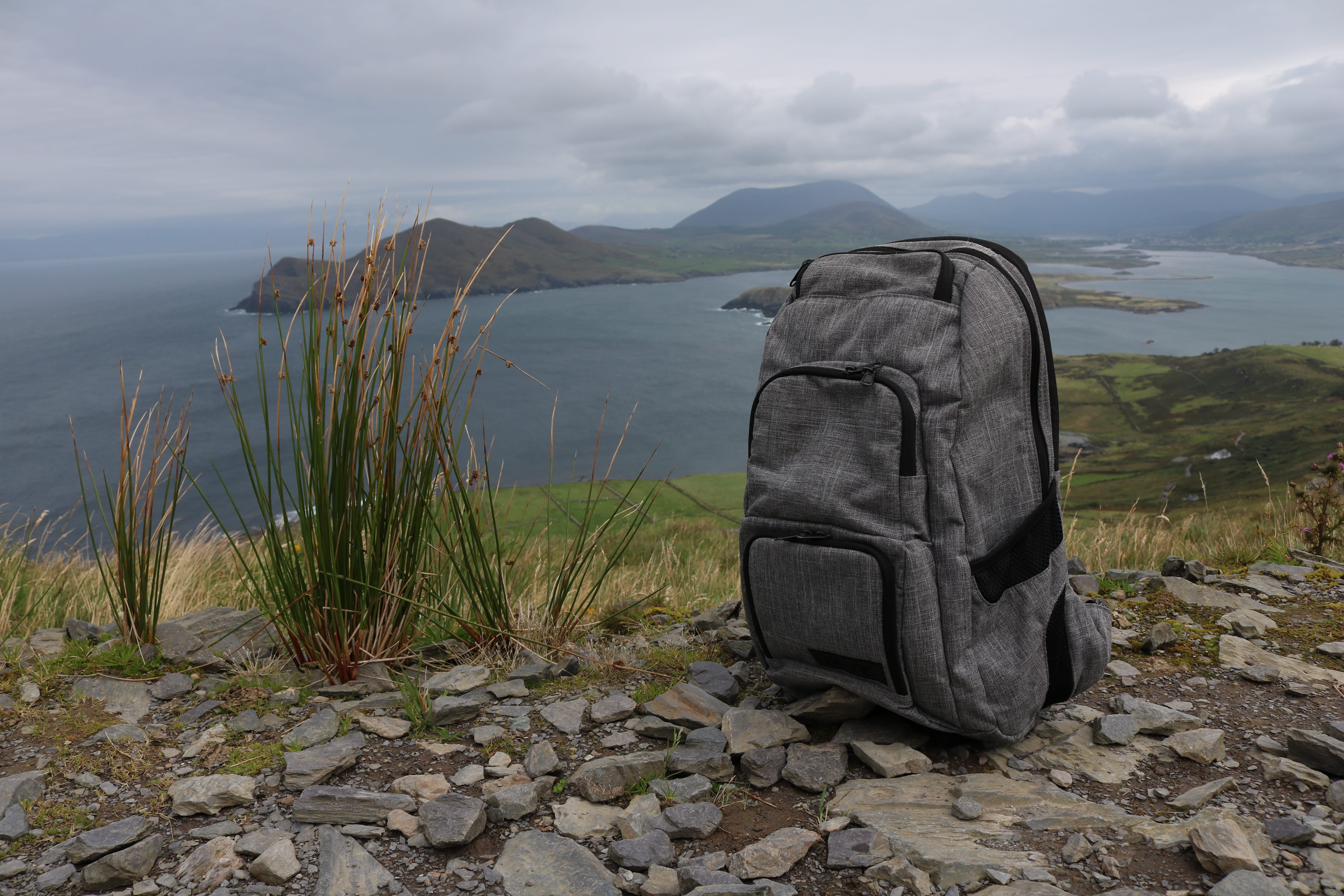 view, vision, non-urban scene, gray, backpack, scenics - nature, resting place, day, summer, rock, hiking, land, back to school, outdoors, sea, break, no people, HD Wallpaper