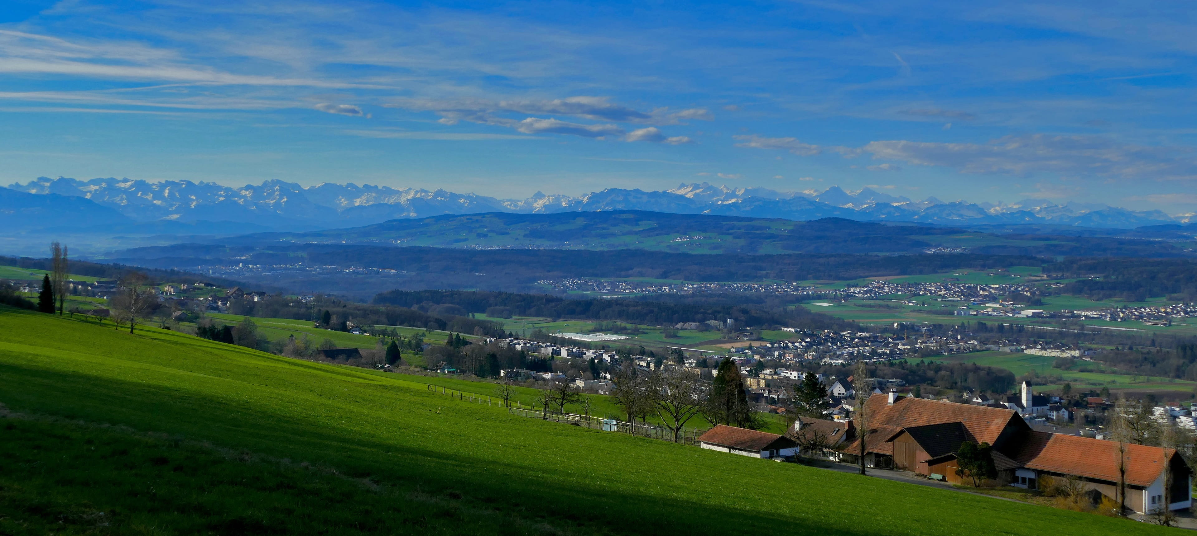 nature, sky, pasture, barn, village, mutschellen, easily covered, alpine, grass, environment, farm, architecture, land, no people, greenhouses, view, sun, HD Wallpaper