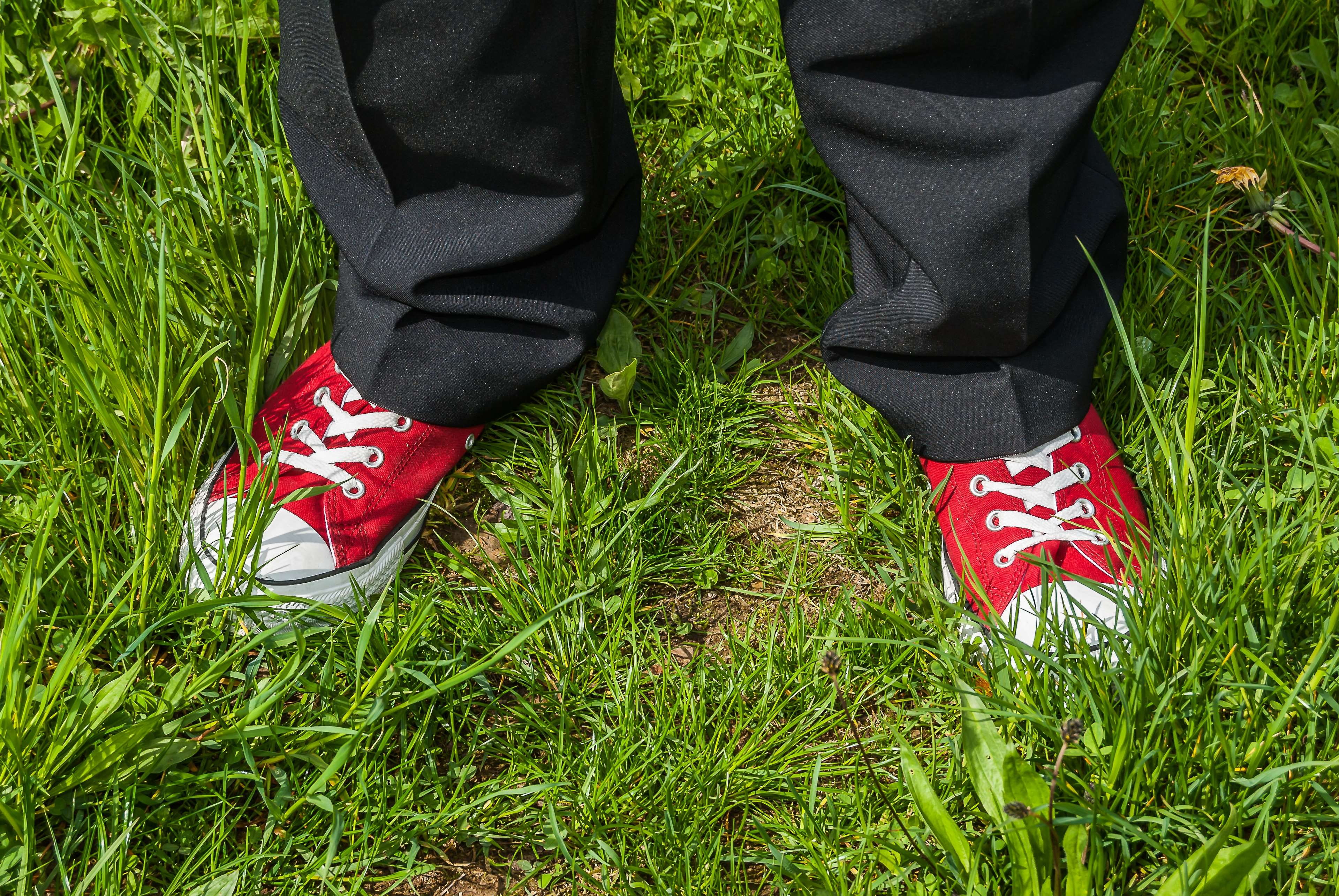sock, leisure activity, shoe, real people, low section, white, white ribbon, pants, sneaker, field, day, red, cool, shoelace, chucks, green, grass, white ribbons, HD Wallpaper