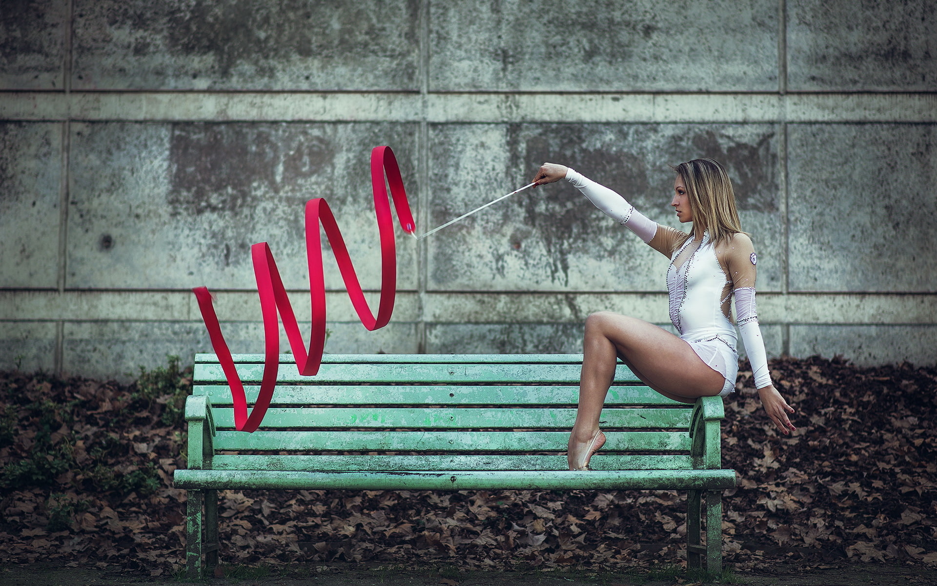 Rhythmic gymnastics, bench, 1080P, pose, tape, girl, HD Wallpaper