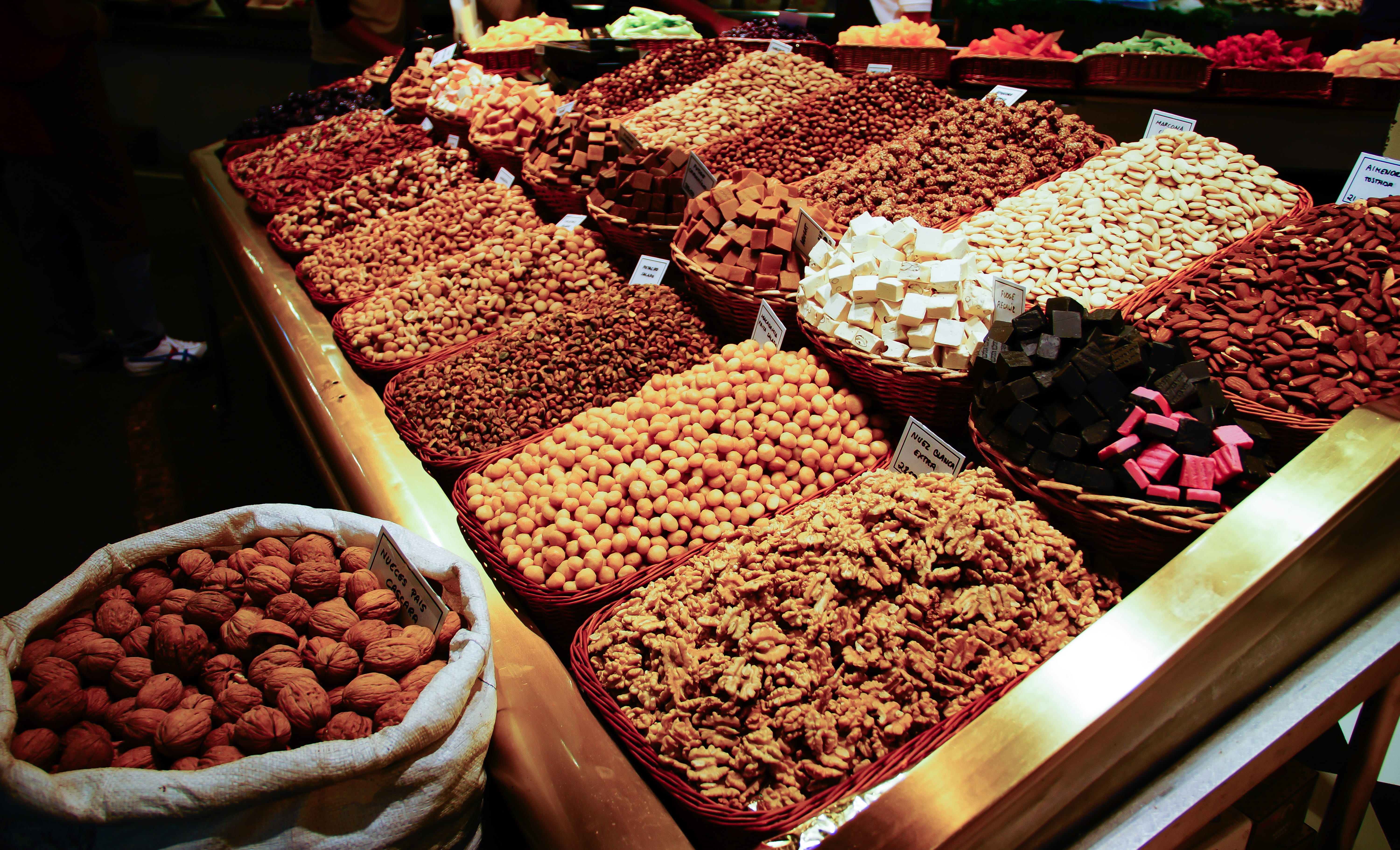 sweetness, choice, delicious, s, market, 5K, freshness, variation, large group of objects, nut, candy, walnuts, brown, no people, container, retail, food and drink, HD Wallpaper