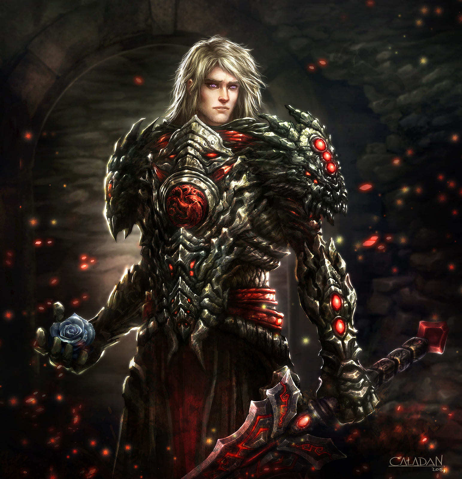 sword, 720P, A Song Of Ice And Fire, Rhaegar Targaryen, Blonde, Violet Eyes, Blue Flowers, armor, Phone HD Wallpaper