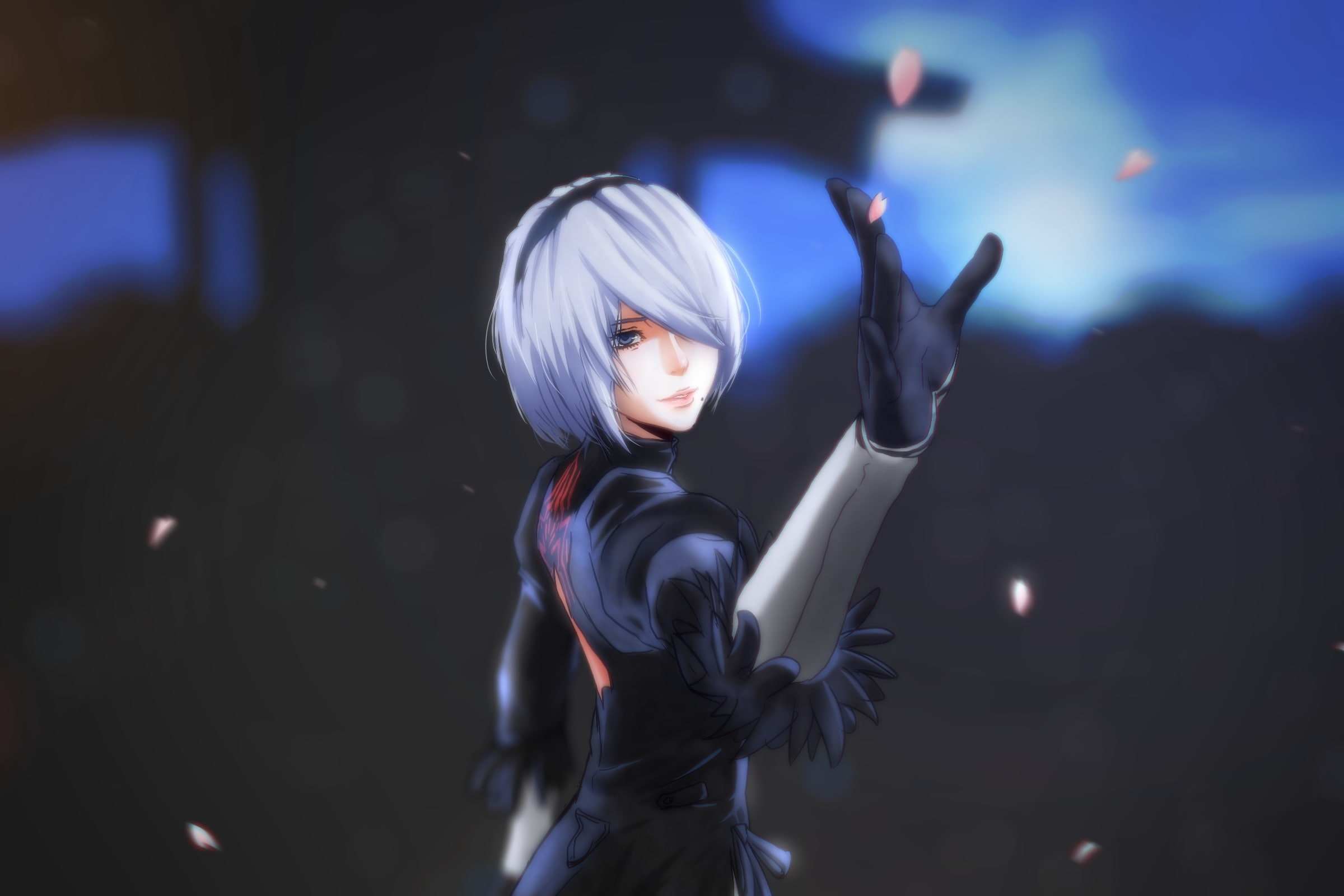 night, holding, one person, childhood, front view, standing, weapon, Anime, waist up, 1080P, dark, yorha no.2 type b, white hair, child, petals, looking, HD Wallpaper