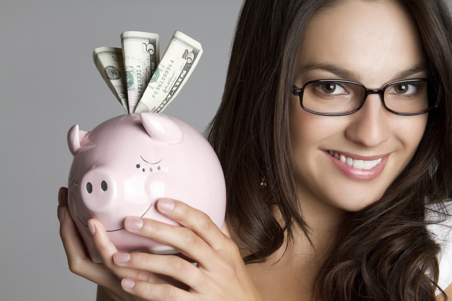 women, 720P, smiling, looking at viewer, women with glasses, brunette, dollar bills, HD Wallpaper