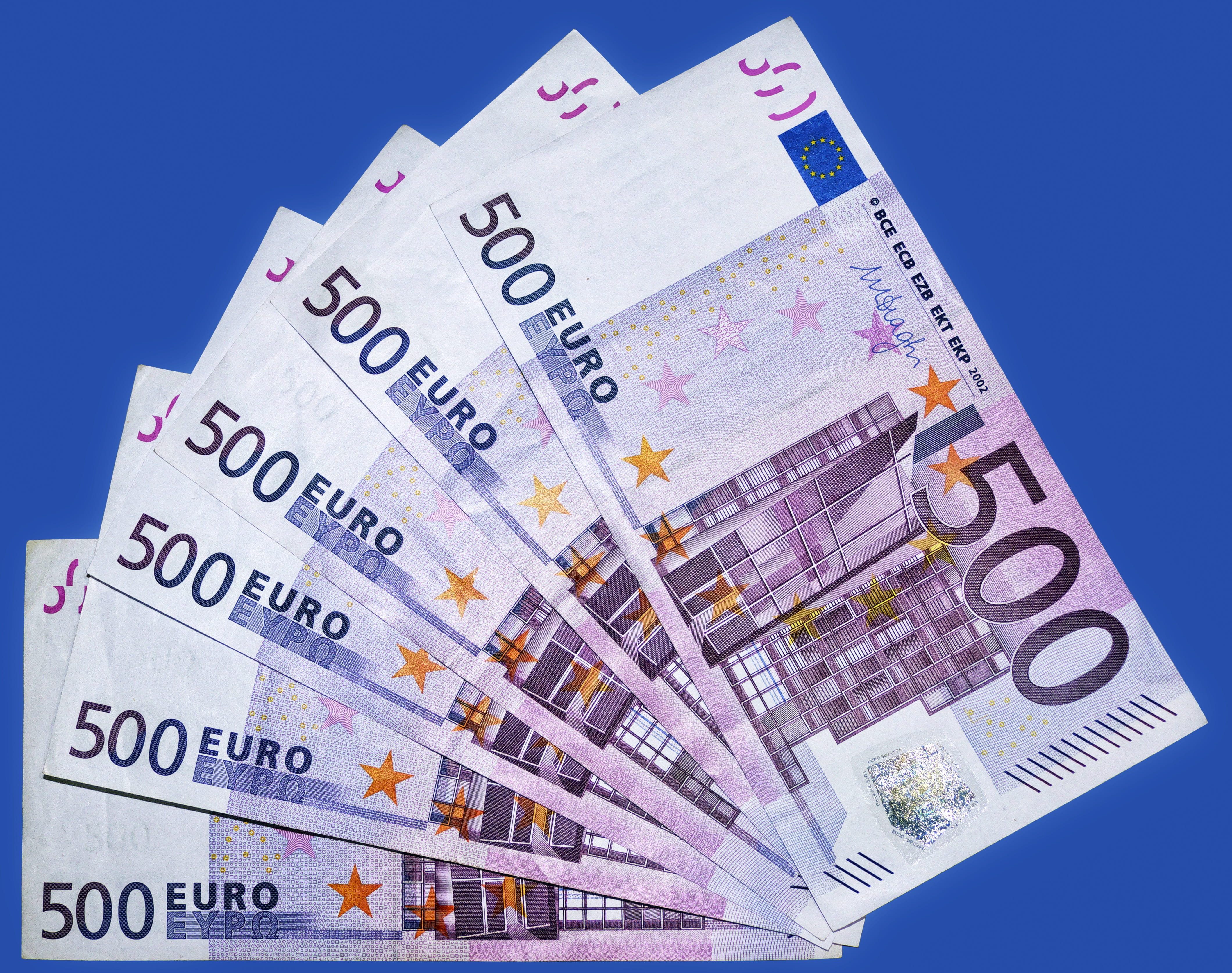 colored background, bill, cash, finance, pay, blue background, banknote, exchange rate, economy, wealth, payment, large group of objects, loan, euro, 500 euro, HD Wallpaper