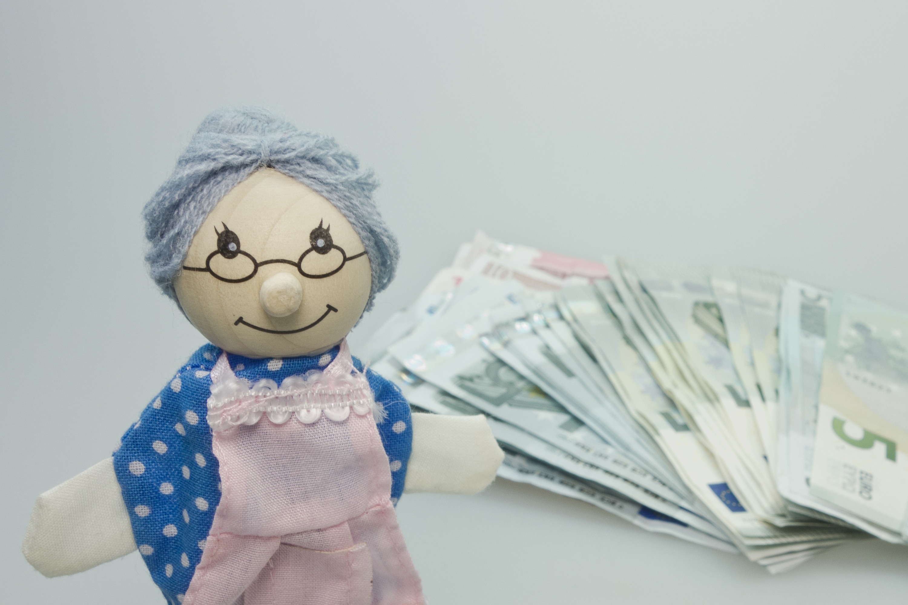 innocence, finance, grandma, currency, pocket money, wood, children toys, gray background, euro, apron, nostalgic, making money, blue, money, doll, focus on foreground, HD Wallpaper