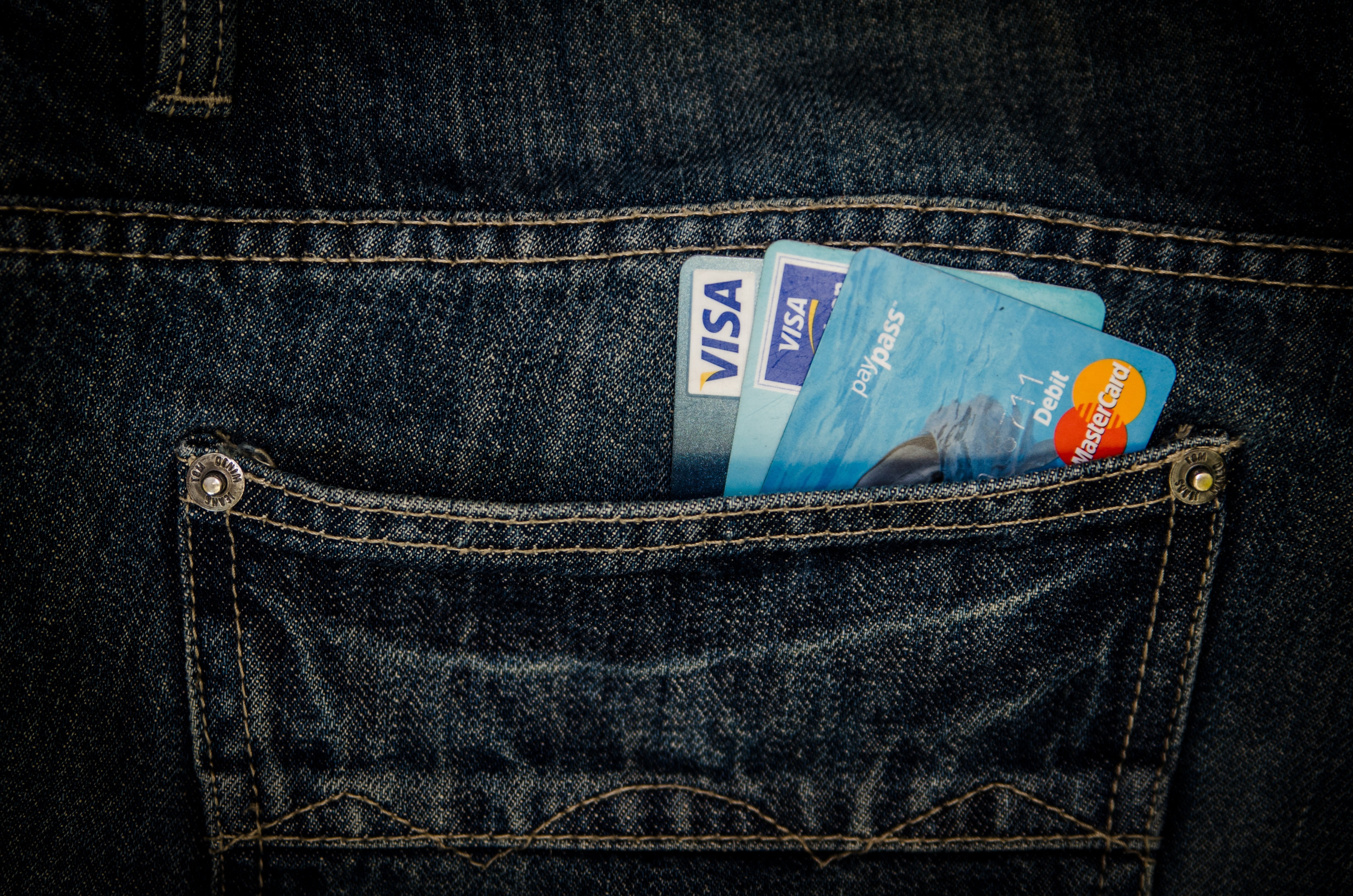 buy, currency, textile, indoors, consumerism, money, visa, mastercard, pocket, bringing home the bacon, clothing, finance, denim, business, shopping, three, HD Wallpaper