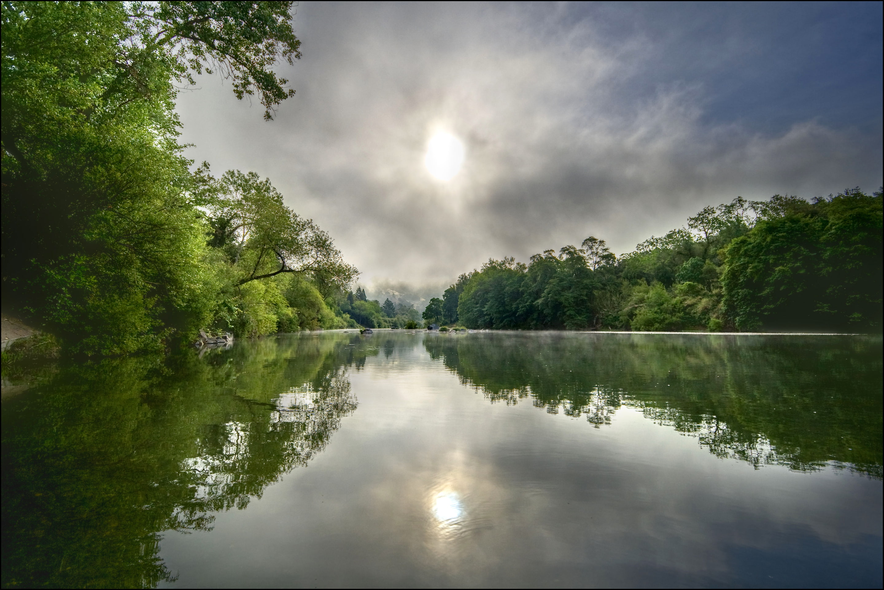 clouds, California, 2K, trees, river, Healdsburg, USA, the sky, HD Wallpaper