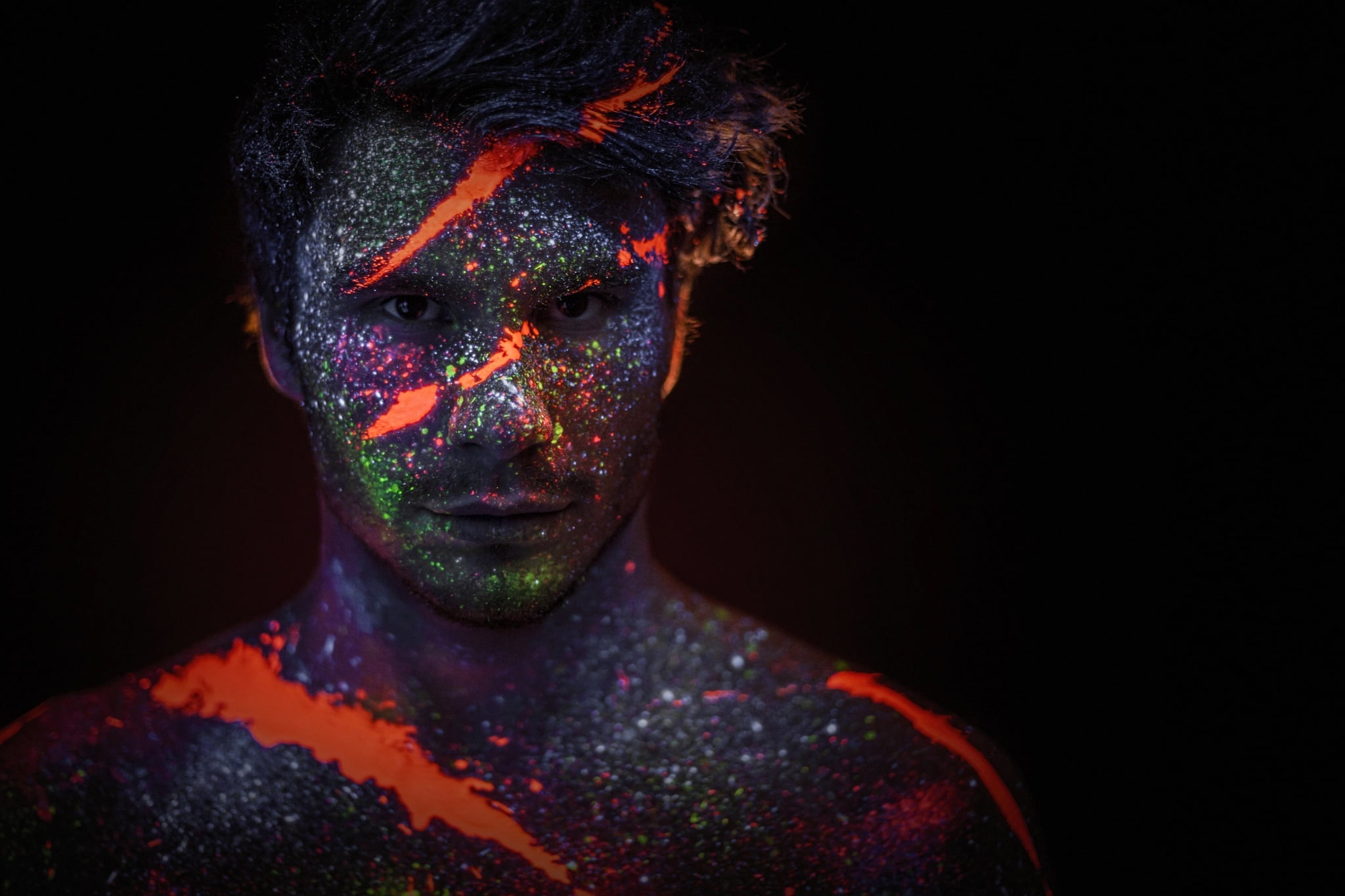 Jonas, male, style, black background, portrait, ultraviolet, paint, 1080P, the dark background, guy, Get Flashed Media, HD Wallpaper