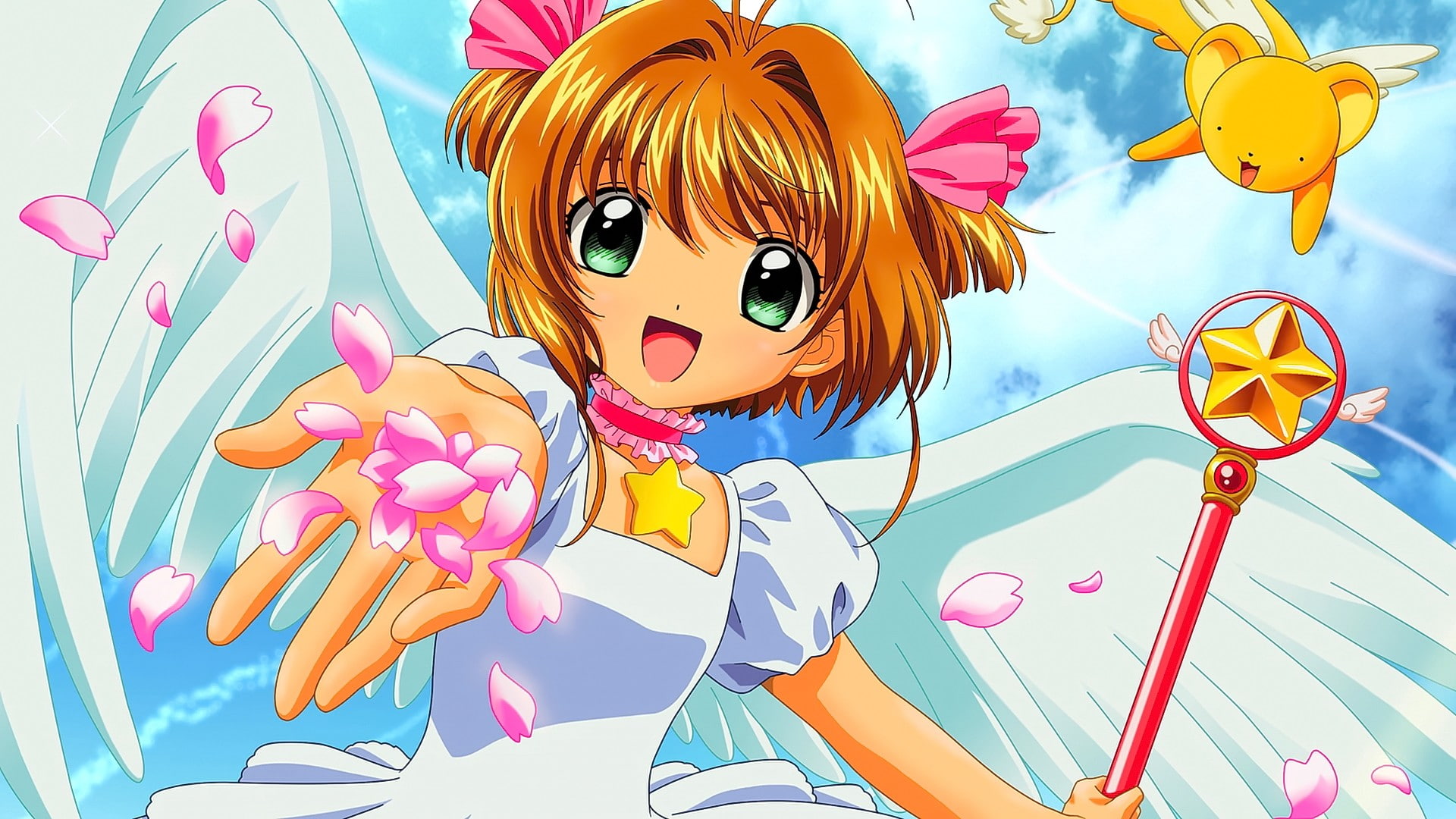 toy, looking at viewer, Card Captor Sakura, green eyes, smiling, collection, sky, anime girls, craft, celebration, low angle view, human representation, HD Wallpaper