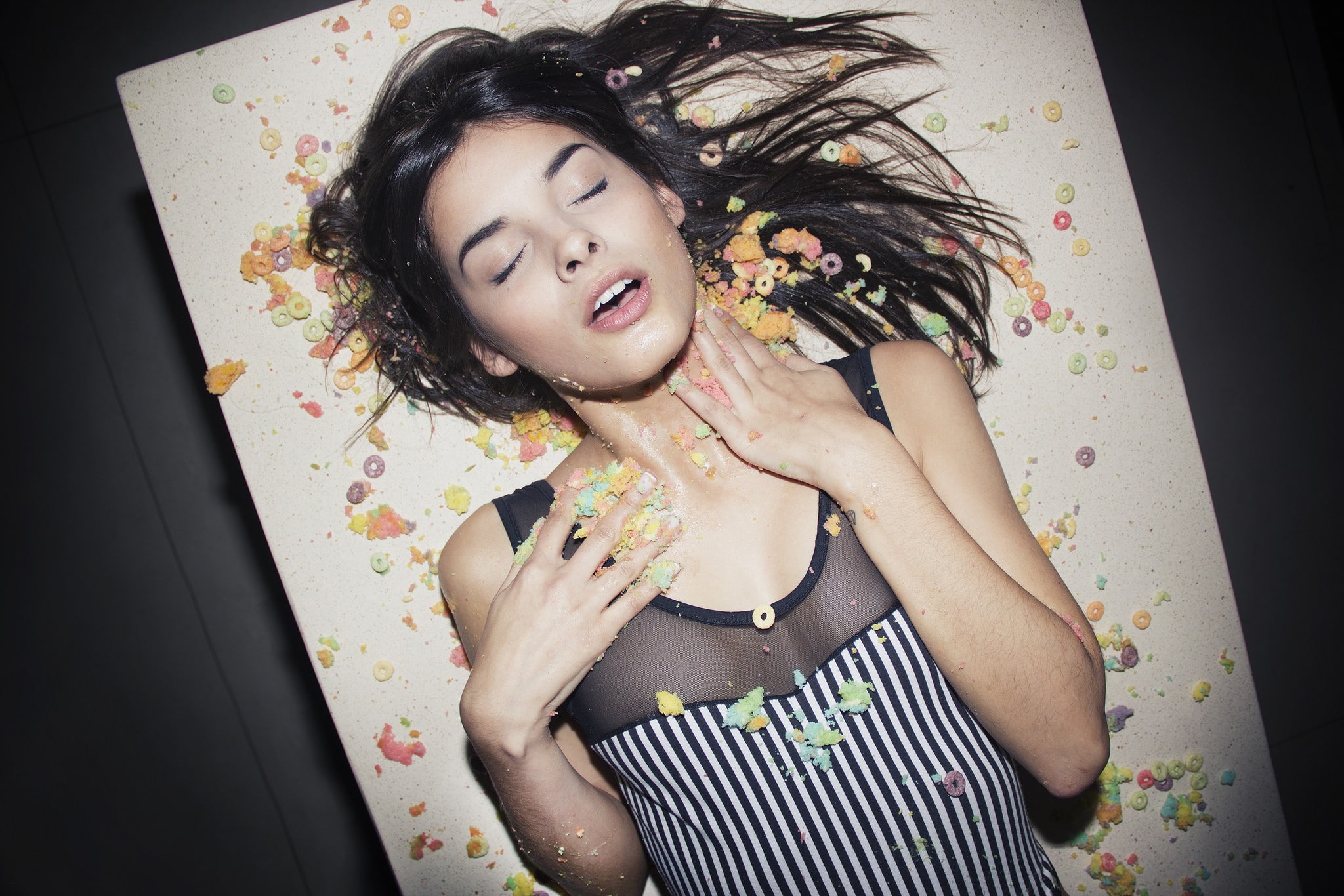 1080P, messy hair, lying on back, closed eyes, women, black hair, food crumbs, HD Wallpaper