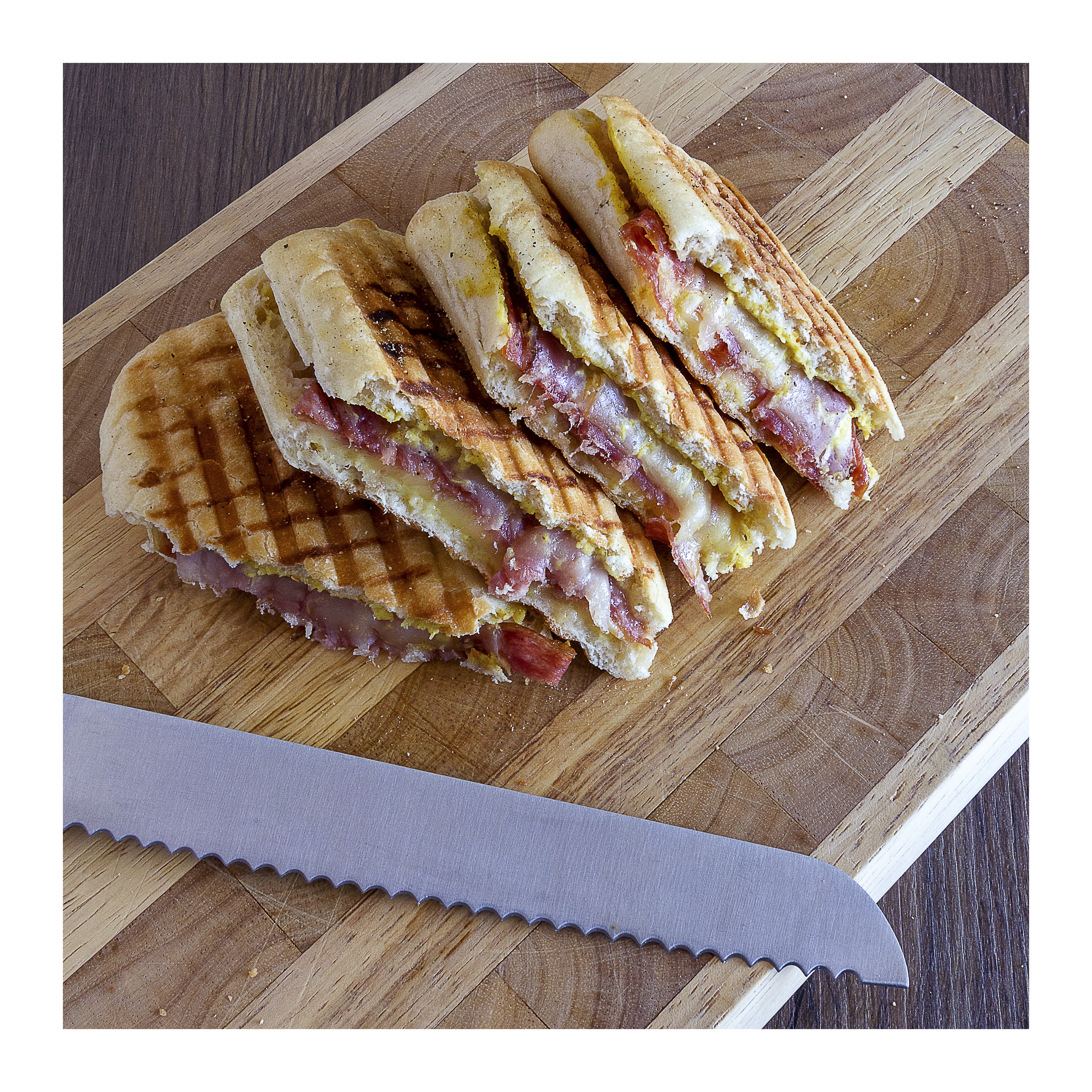 food, lunch, bread, silverware, 4K, meat, knife and fork, table knife, toast, photography, closeup, spices, cheese, wooden surface, cutting board, panini, Phone HD Wallpaper