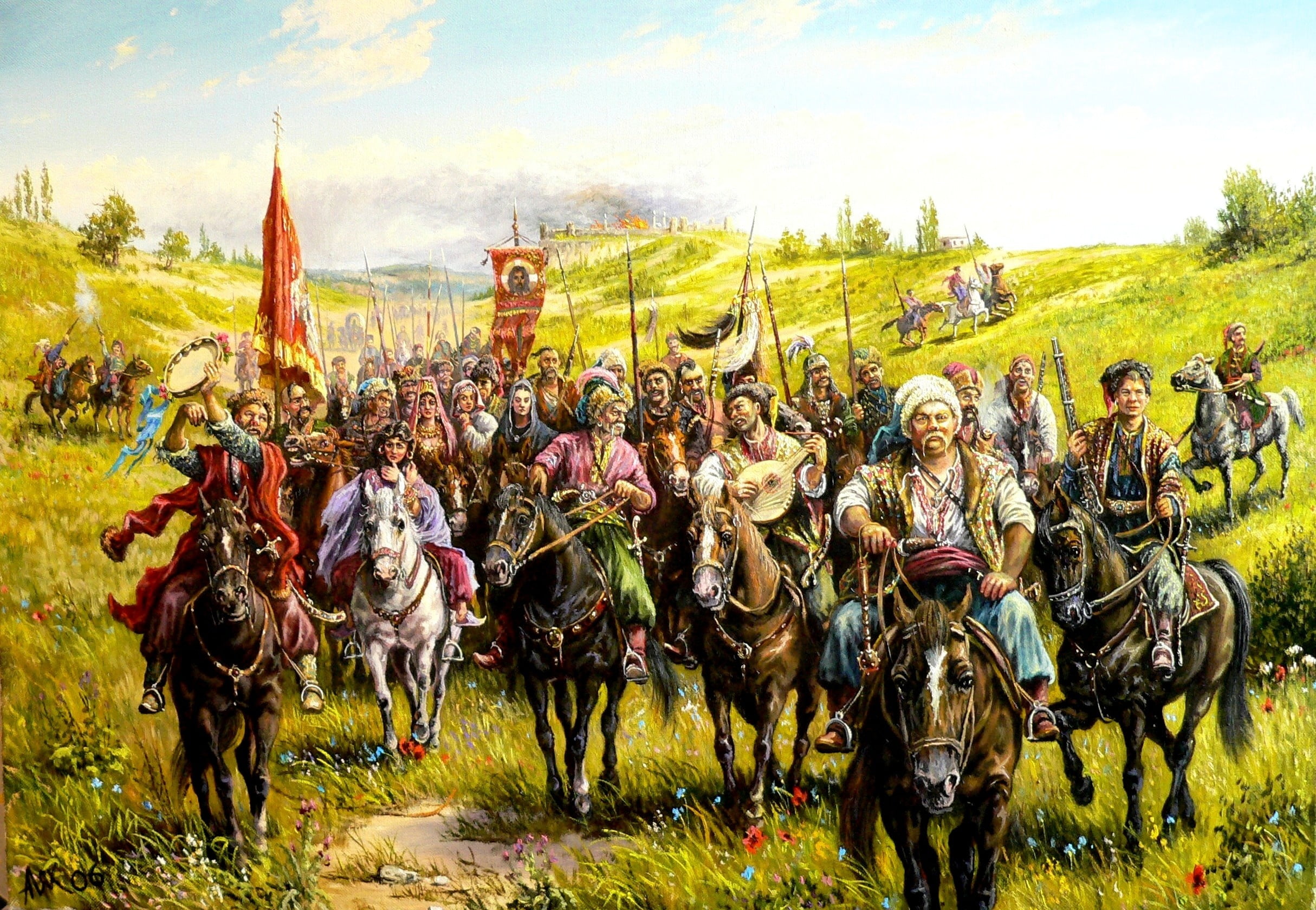 cultures, group of animals, group of people, art, grass, domestic animals, Andrey Lyakh, horses, horse, architecture, people, large group of people, rural Scene, HD Wallpaper