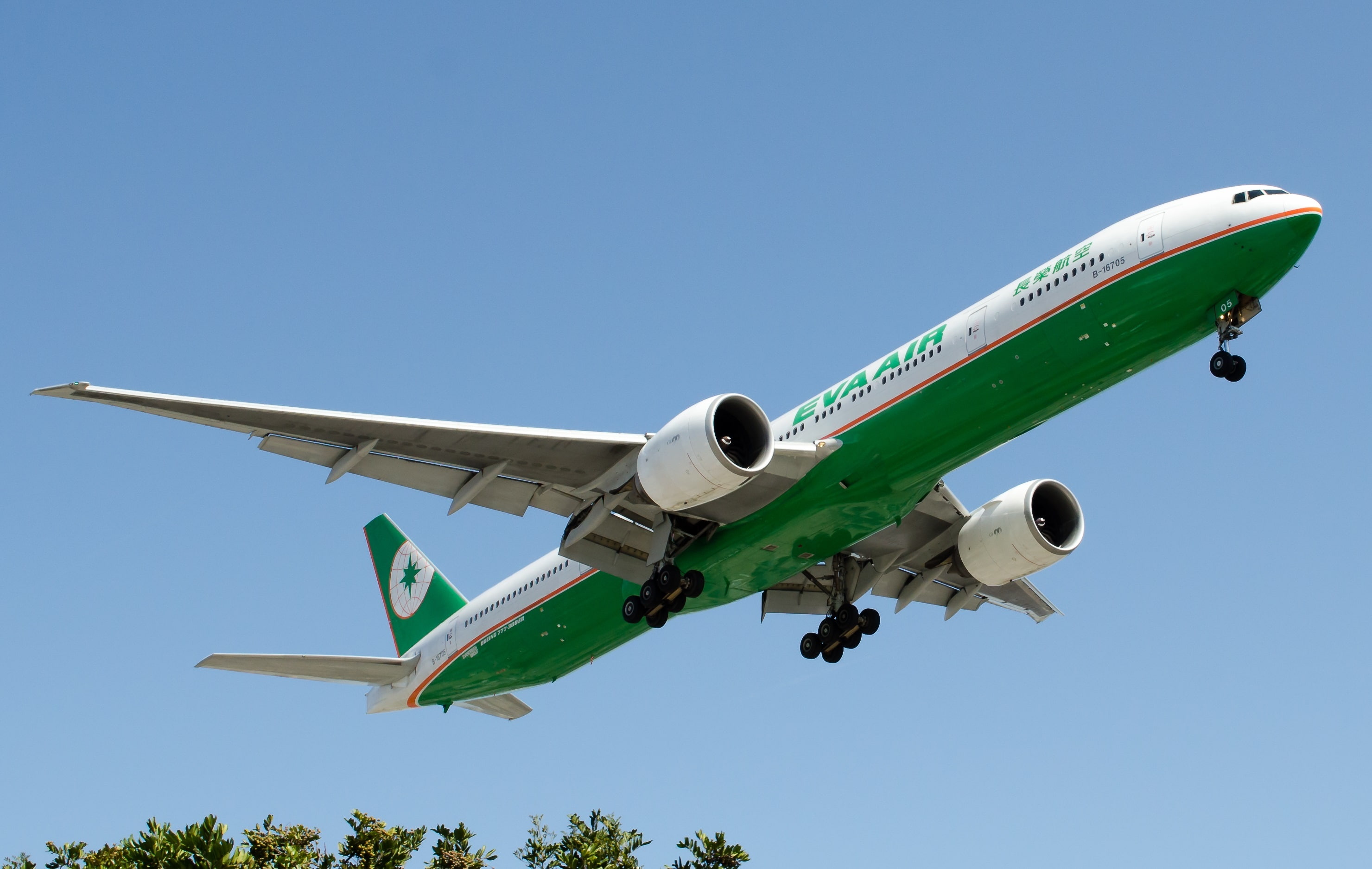 Eva Air, The sky, Chassis, Landing, Boeing, 300, Airliner, Sky, Flying, 777, Summer, aircraft, Flight, 2K, Passenger, Trees, The plane, HD Wallpaper