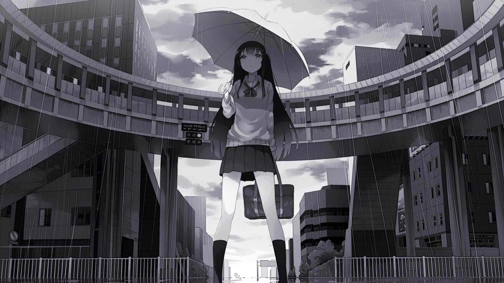 1080P, long hair, long, hair, schoolgirl, girls, umbrella, anime, anime girls, bag, rain, HD Wallpaper