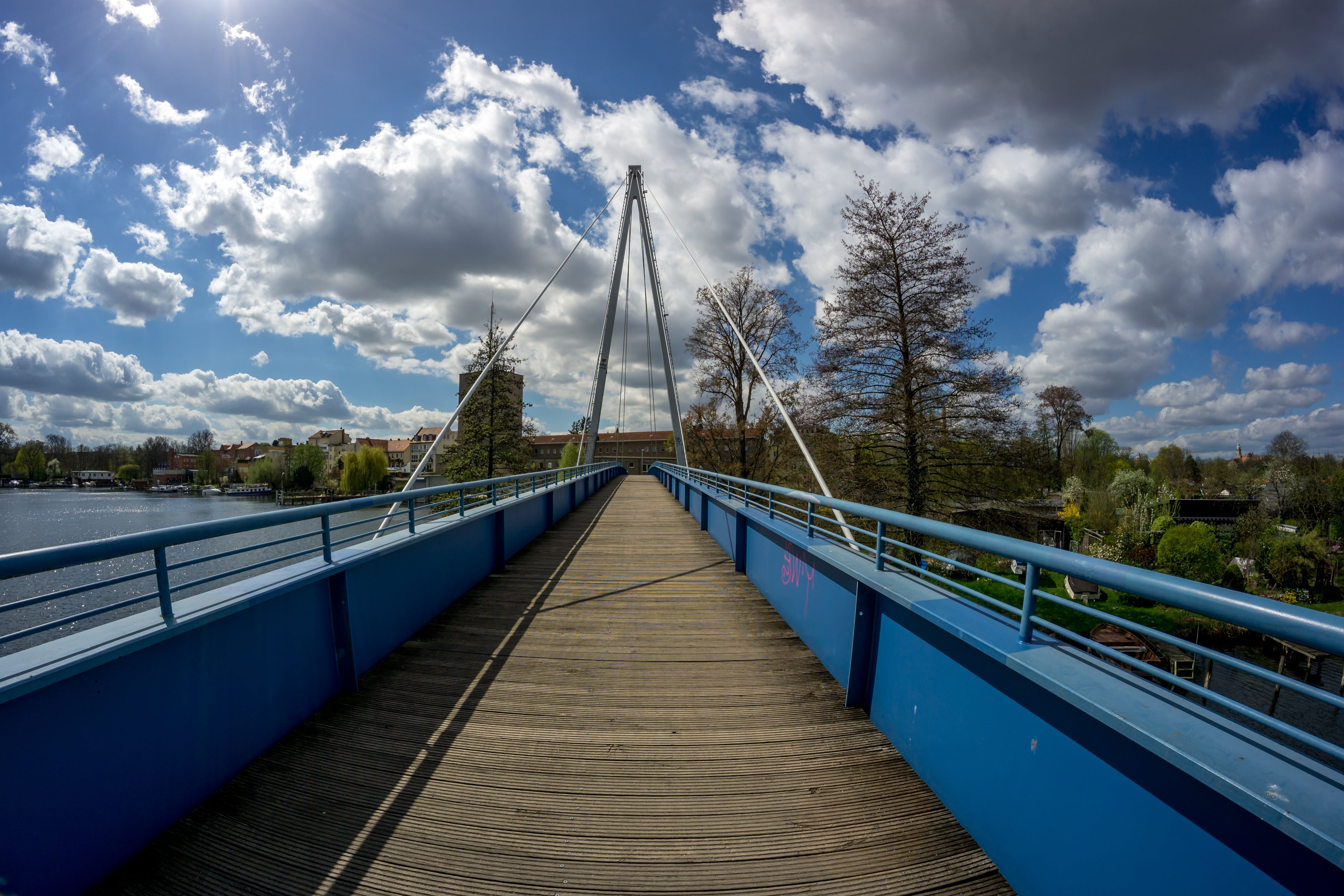 built structure, no people, 5K, sky, suspension Bridge, plant, long, water, diminishing perspective, cats grave footbridge, capital, berlin, vanishing point, HD Wallpaper