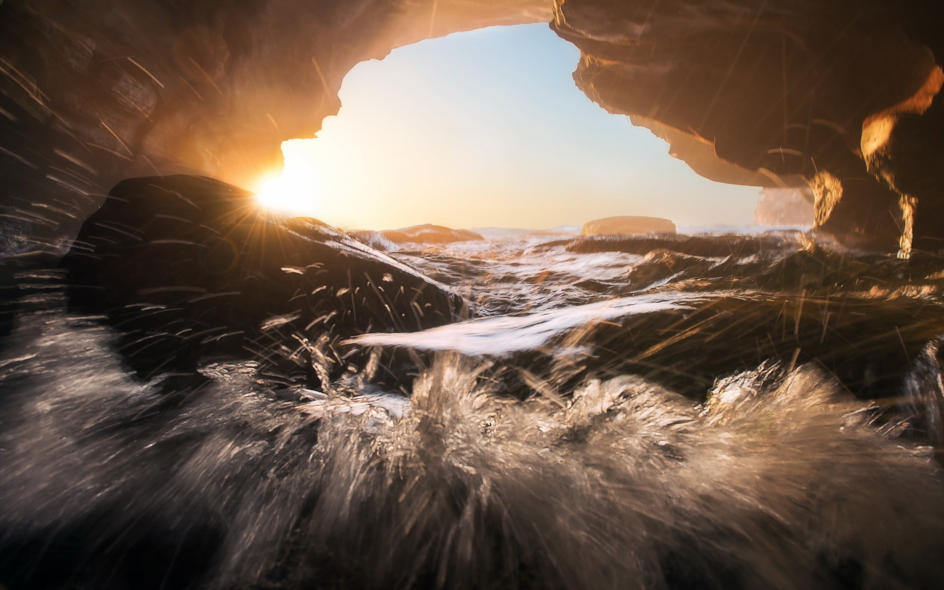 outdoors, cavbe, tranquility, beauty in nature, lens flare, sunbeam, sunlight, solid, nature, cave, scenics - nature, macro, rock - object, orange color, HD Wallpaper