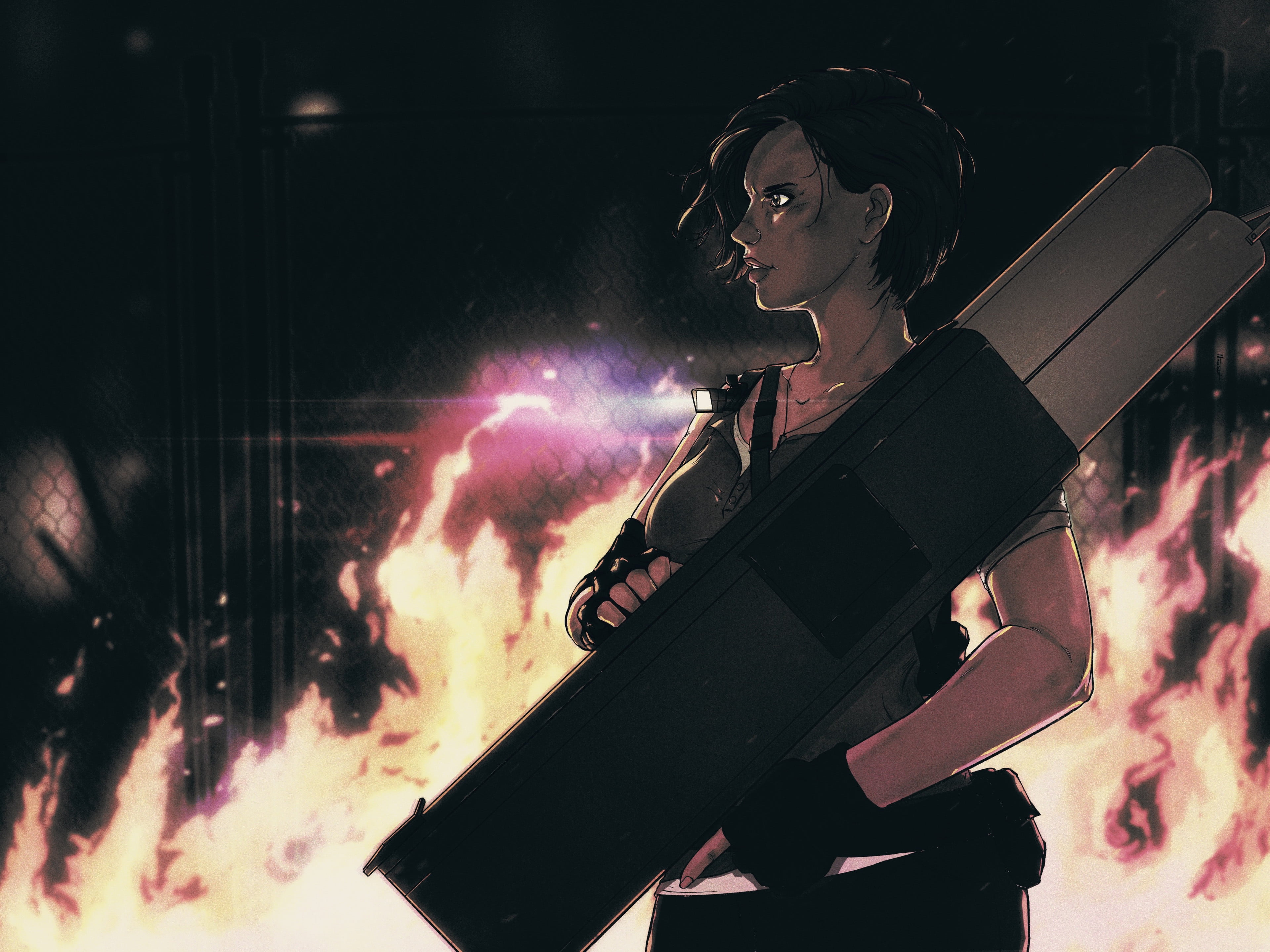 game art, rocket launchers, 4K, fan art, fire, video game girls, artwork, digital art, drawing, Resident Evil, women, fingerless gloves, Jill Valentine, HD Wallpaper