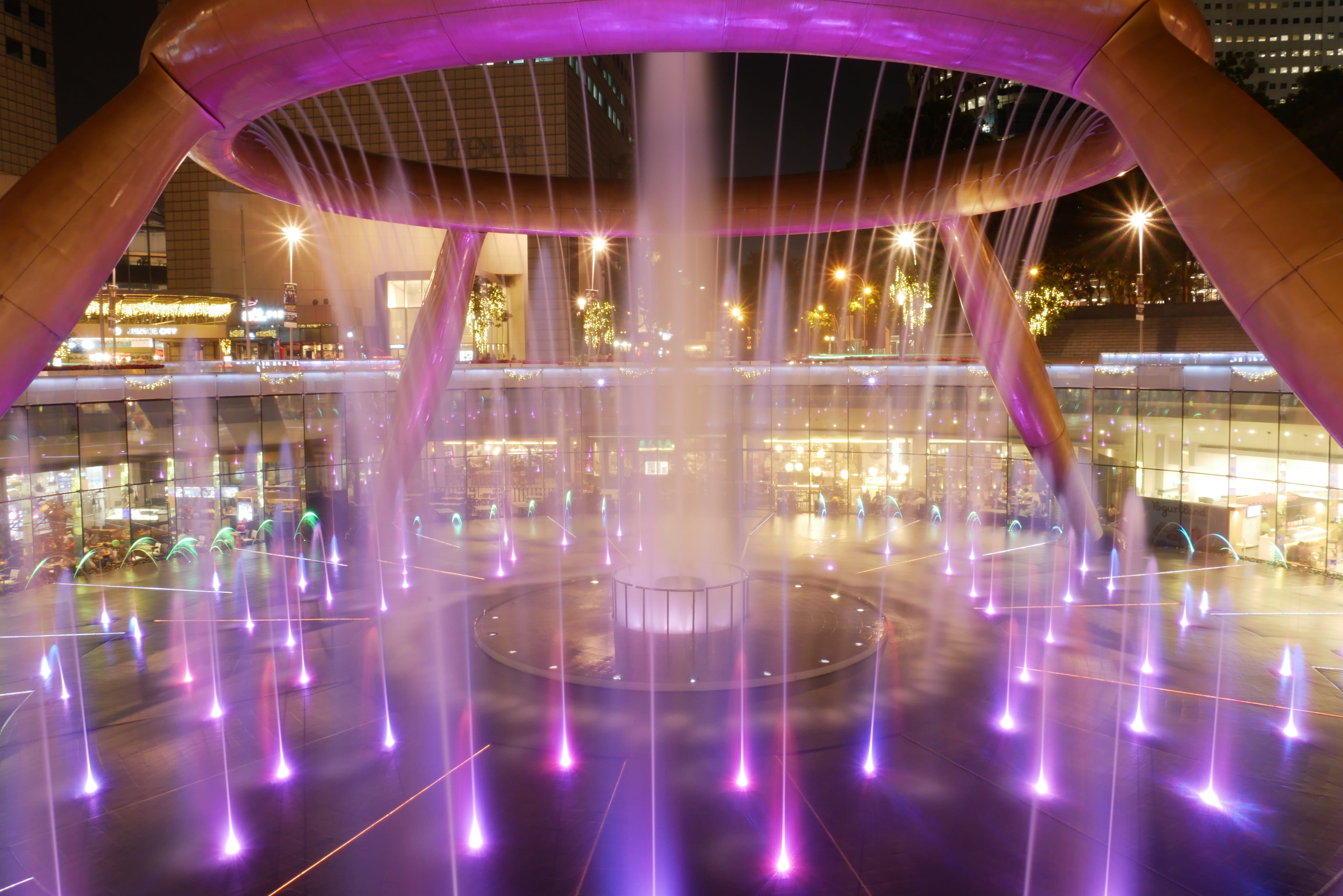 water, architectural column, architecture, Singapore, modern, neon, blurred motion, reflection, 4K, building exterior, Suntec City, building, night scene, HD Wallpaper