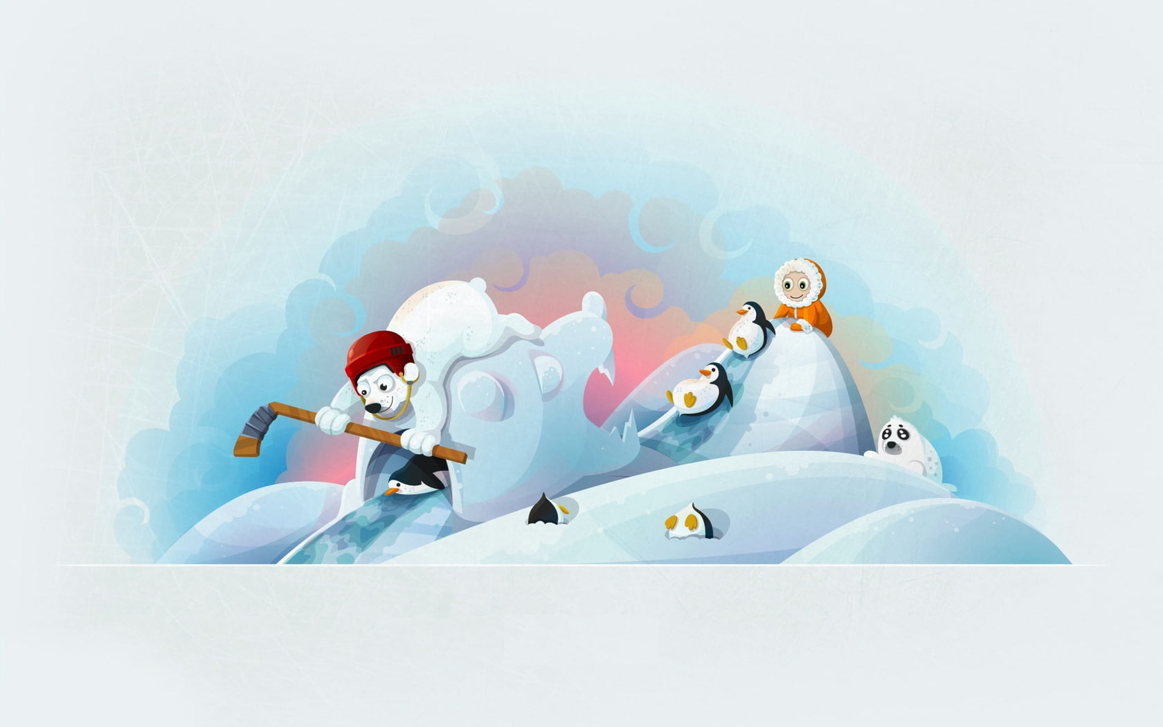 nature, art, christmas, bear, females, vector, happiness, sky, males, studio shot, smiling, emotion, copy space, bears, full length, penguin, playing, blue, HD Wallpaper