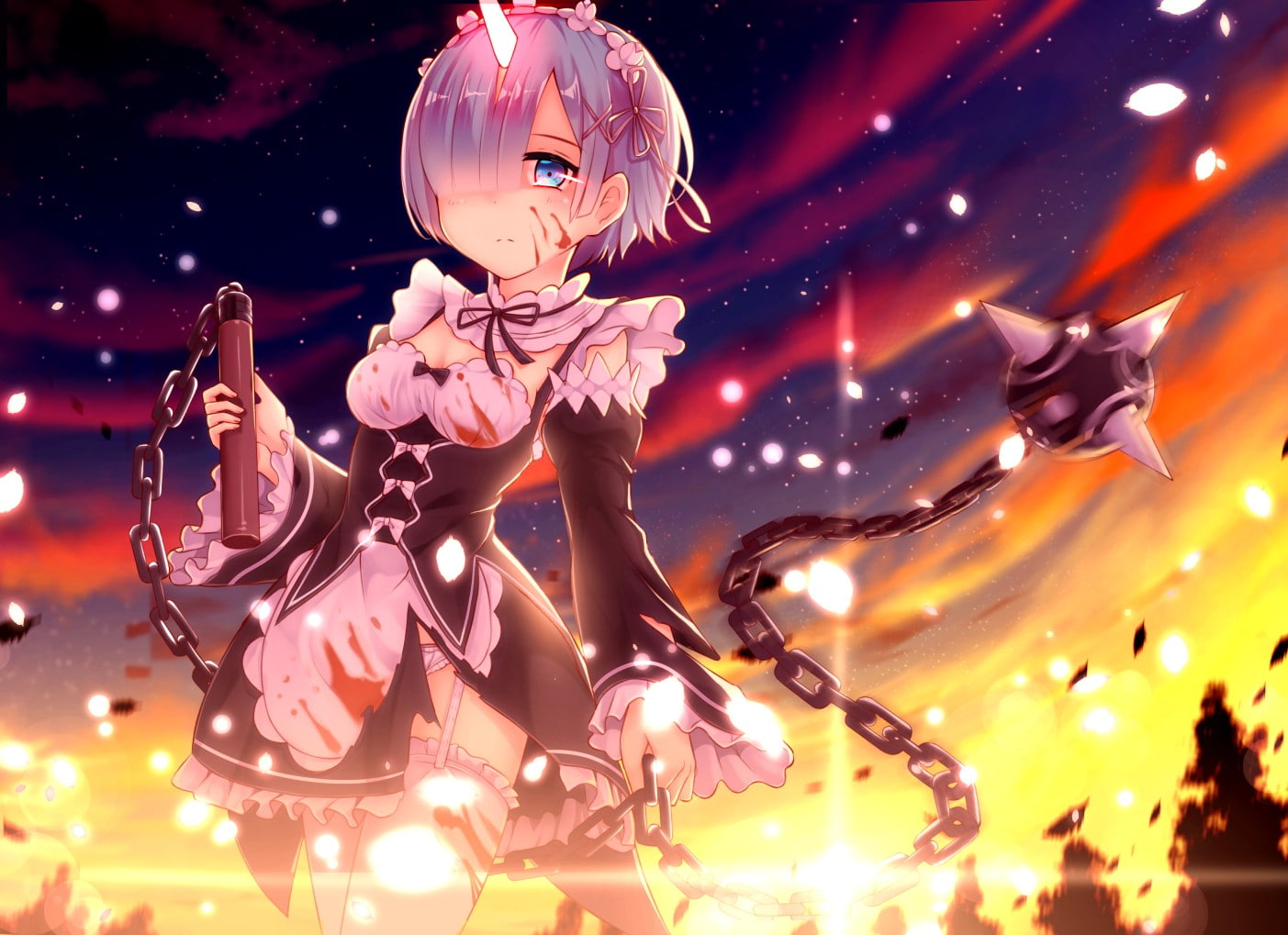 720P, Rem (Re: Zero), flowers, blue hair, Puck (Re:Zero), blue eyes, stockings, maid, sky, Ram (Re: Zero), sunset, Re:Zero Kara Hajimeru Isekai Seikatsu, HD Wallpaper