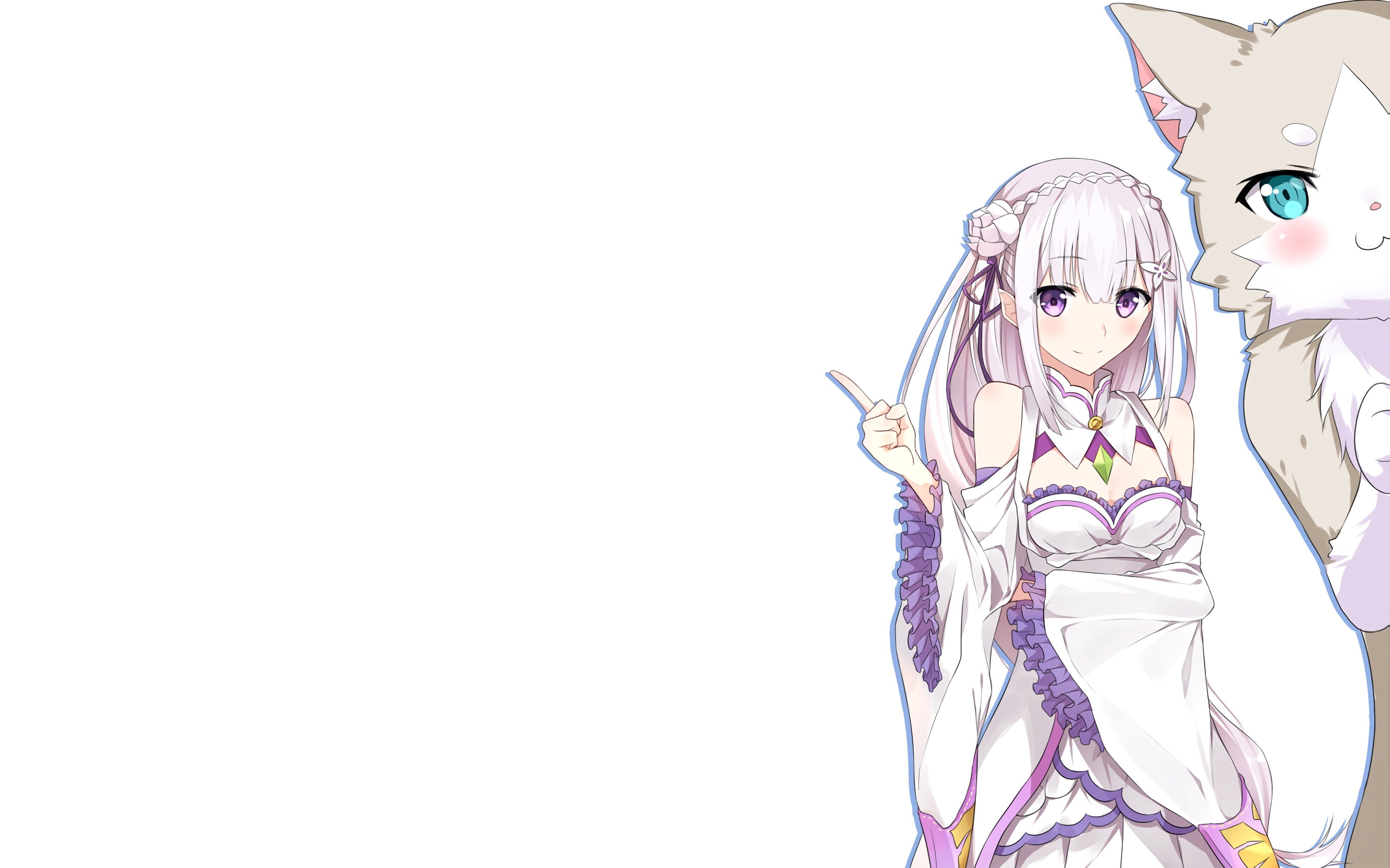 Emilia (Re: Zero), Puck (Re:Zero), 4K, anime girls, Re:Zero Kara Hajimeru Isekai Seikatsu, HD Wallpaper